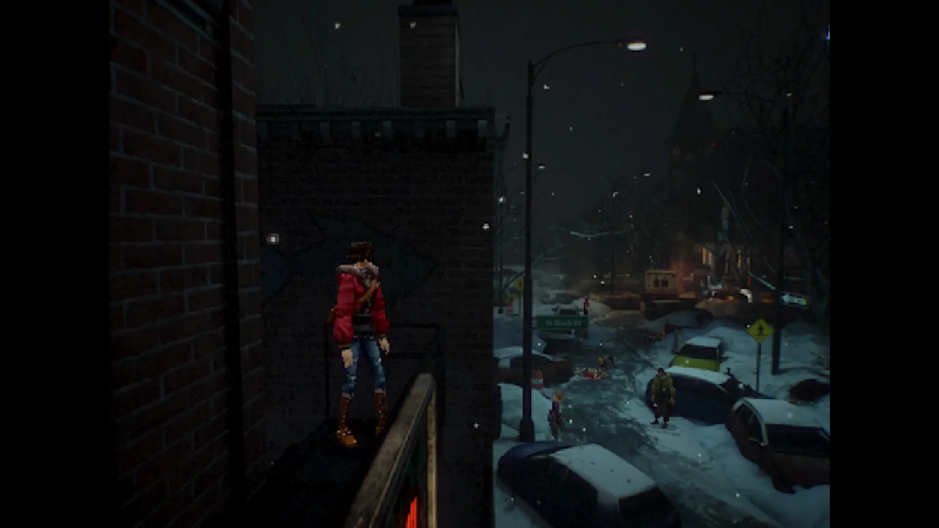 PHASE ZERO: Character on rooftop overlooking snow-covered street with creatures and abandoned cars below
