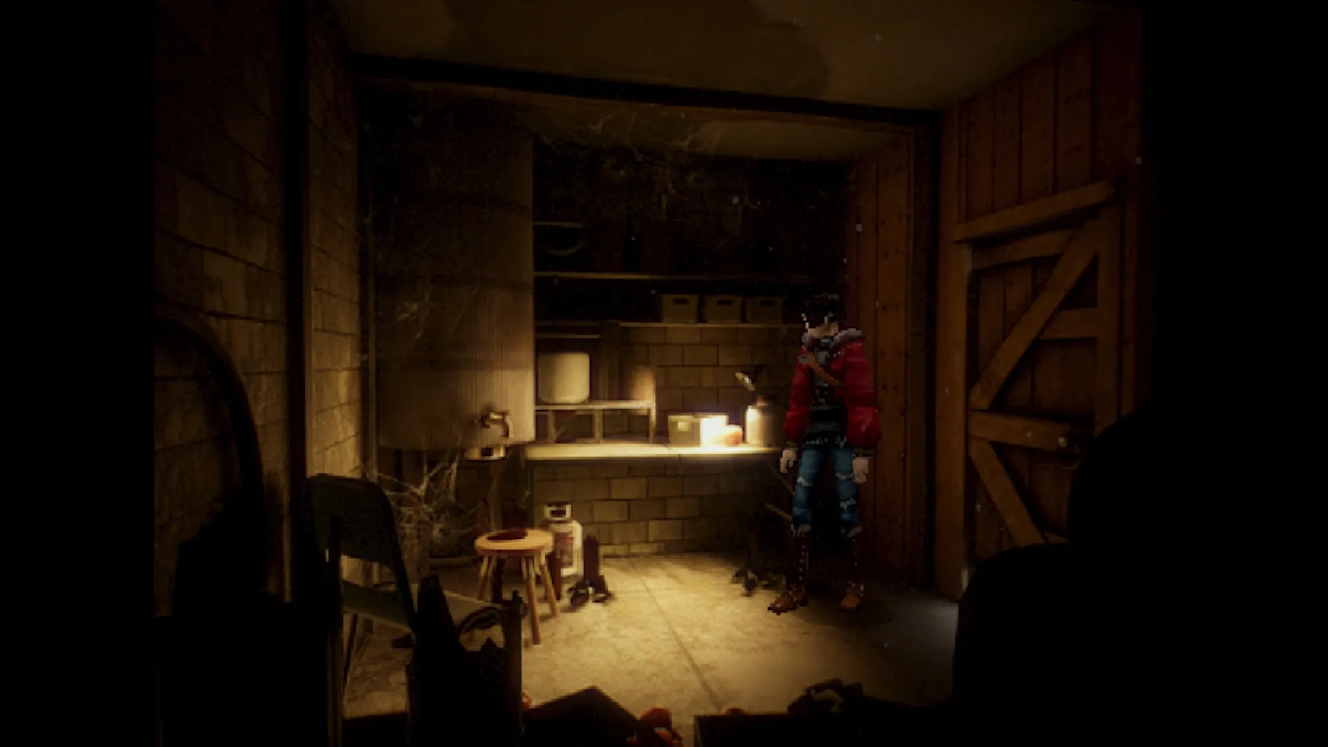 PHASE ZERO: Character in red jacket examines dimly lit workshop cluttered with tools and cobwebs.