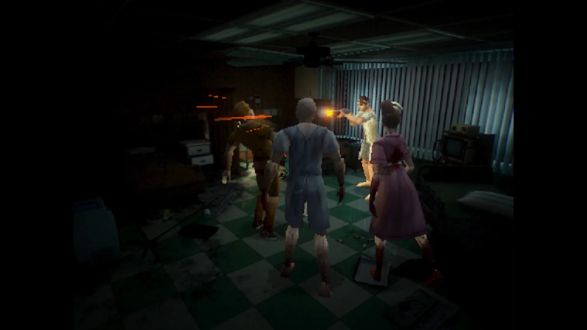 PHASE ZERO: Survivor shoots at approaching creatures in a dimly lit, cluttered hospital room