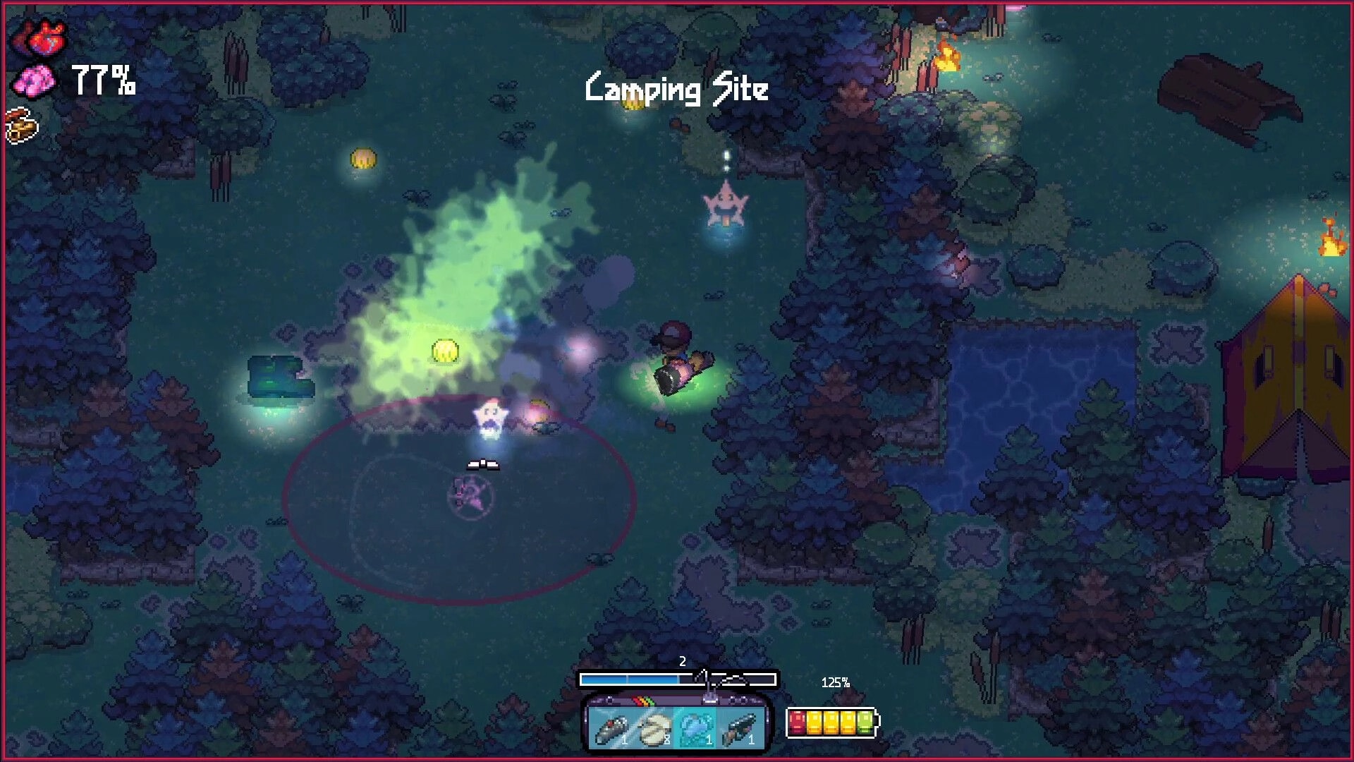 Phasmonauts: Player battling monsters with glowing effects at a forest campsite, HUD displays health and items.