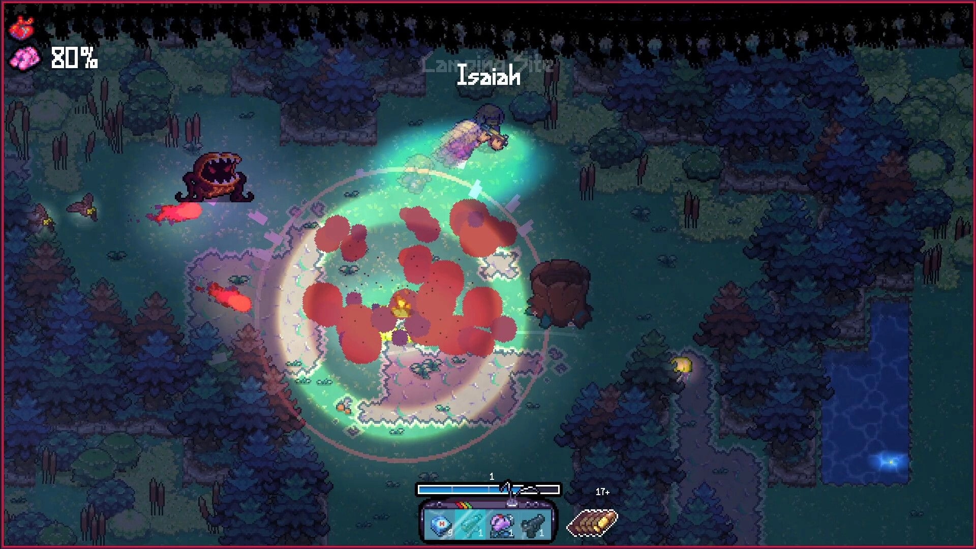 Phasmonauts: Isaiah battling monsters in a forest clearing with health bar and abilities displayed