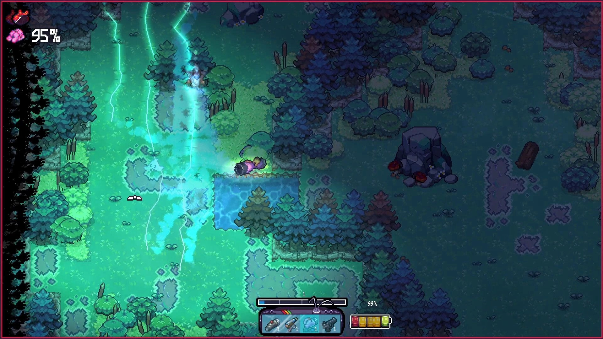 Phasmonauts: Character explores glowing forest with lightning and UI showing health and inventory
