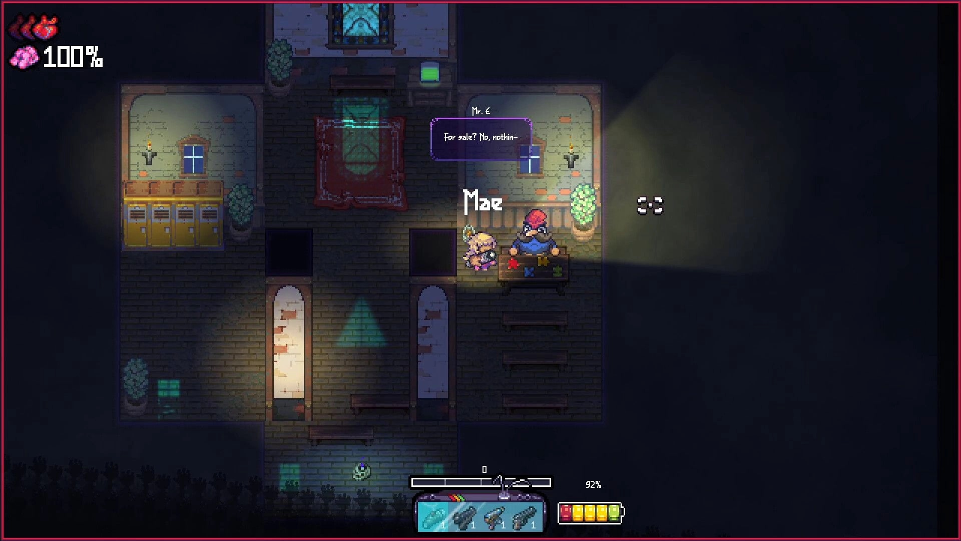 Phasmonauts: Mae interacts with Mr. E in a dimly lit room, inventory and health bar displayed