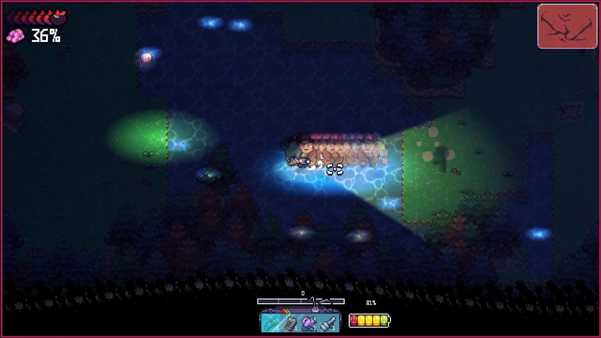 Phasmonauts: Player character wades through swamp waters, surrounded by glowing fireflies at night.