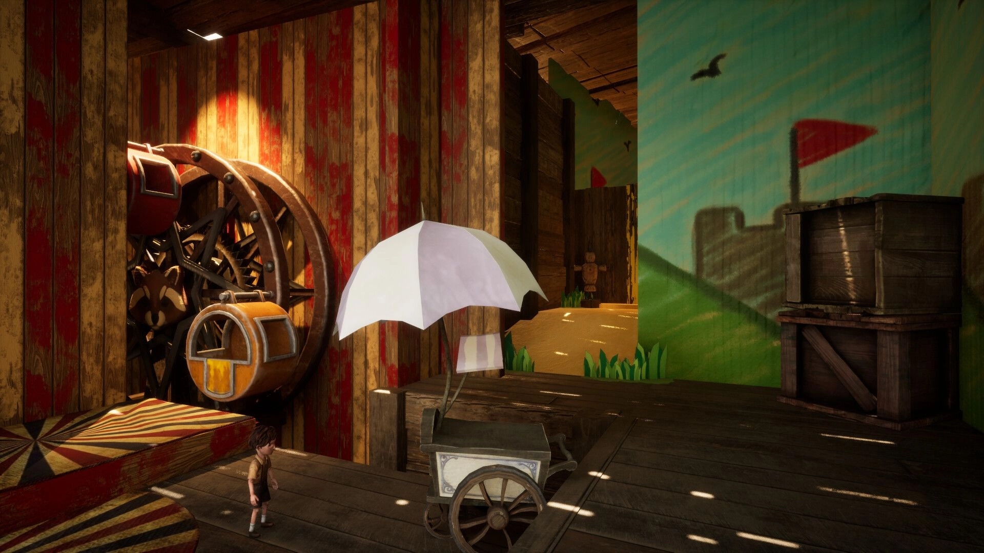 PHi: Small character explores a whimsical wooden room with a large wheel and cart under soft lighting.