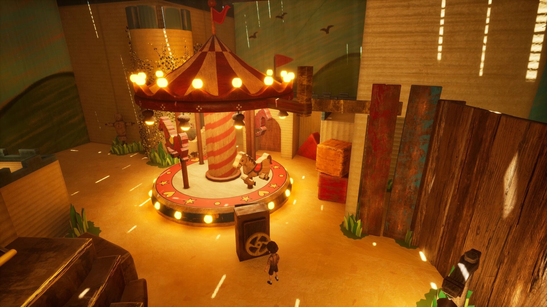 PHi: Exploring a dimly lit room with a carousel surrounded by wooden walls and scattered boxes.