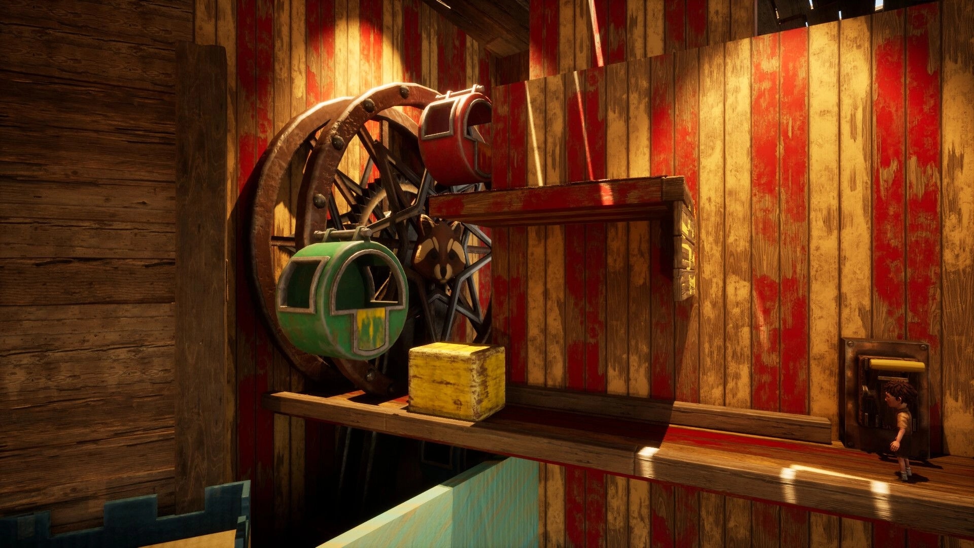 PHi: Character near lever in wooden room with colorful mechanical wheel and yellow block