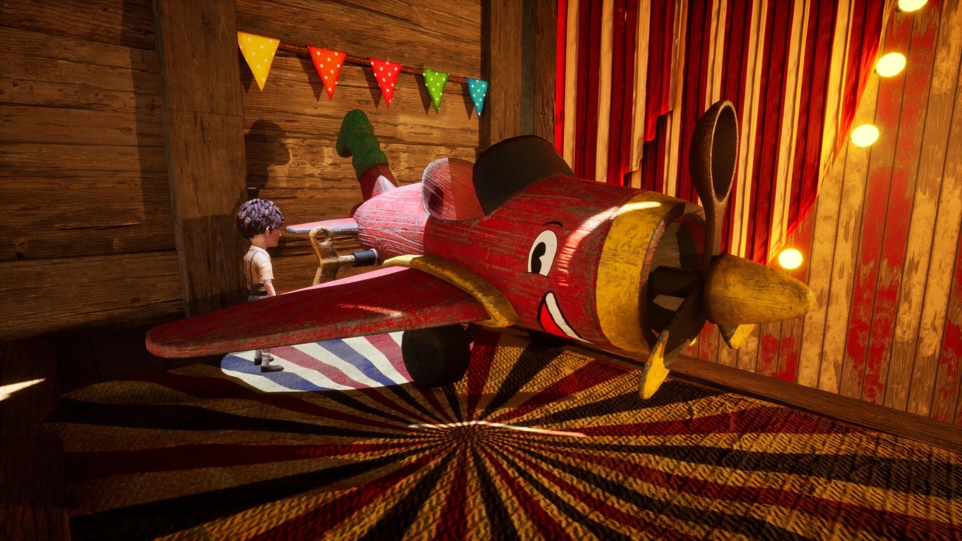 PHi: Child examines a colorful toy plane in a wooden room adorned with vibrant flags and striped curtains