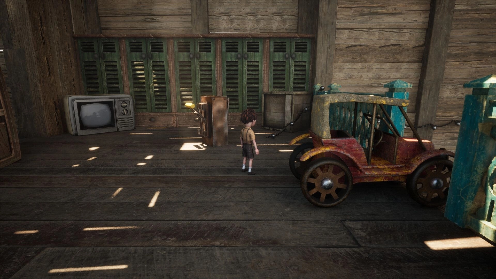 PHi: Young character exploring wooden room with an antique TV, lockers, and a colorful toy car.