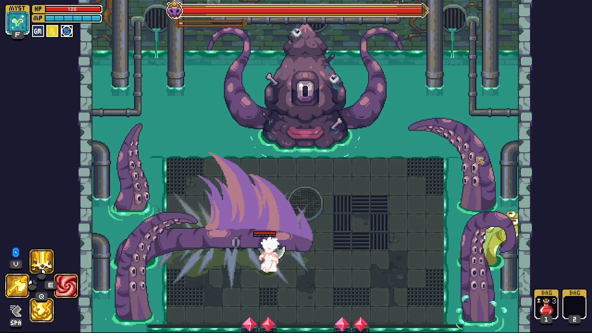 Philna Fantasy: Player character battles giant tentacle monster in a sewer-themed arena with UI visible