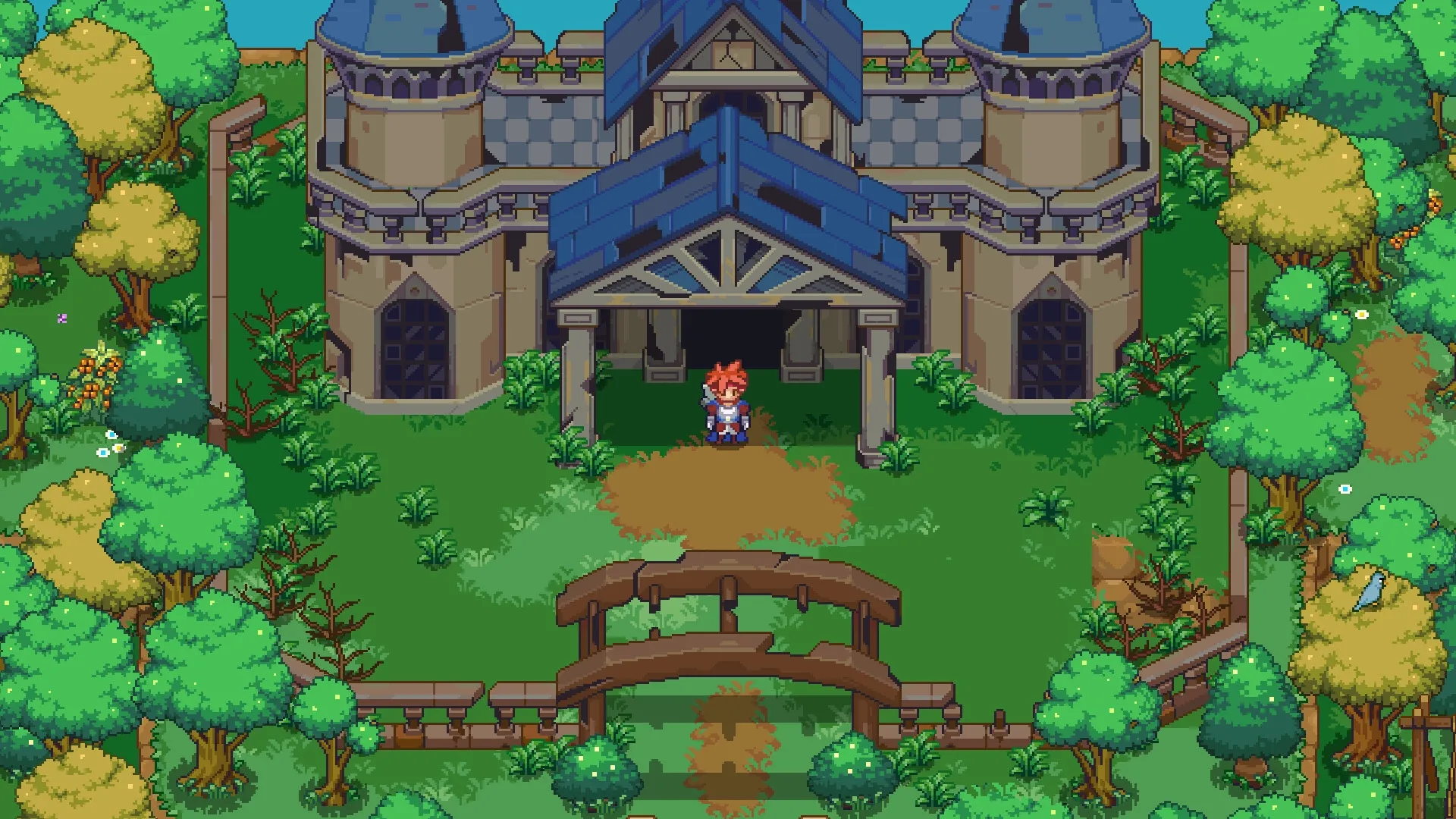 Philna Fantasy: Character standing outside a grand castle entrance surrounded by lush trees and greenery.