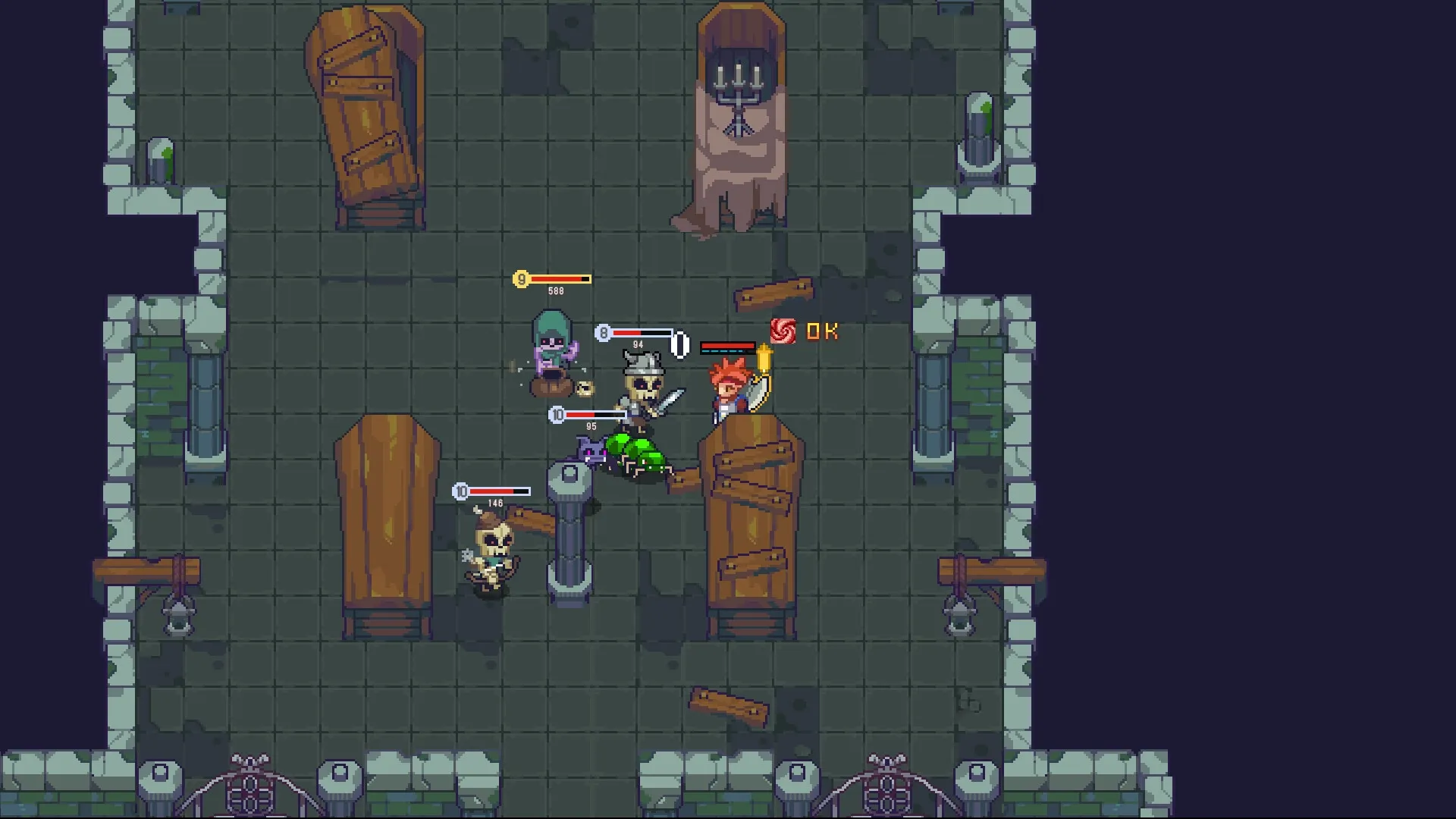 Philna Fantasy: Intense battle with monsters in a crypt filled with coffins and stone pillars