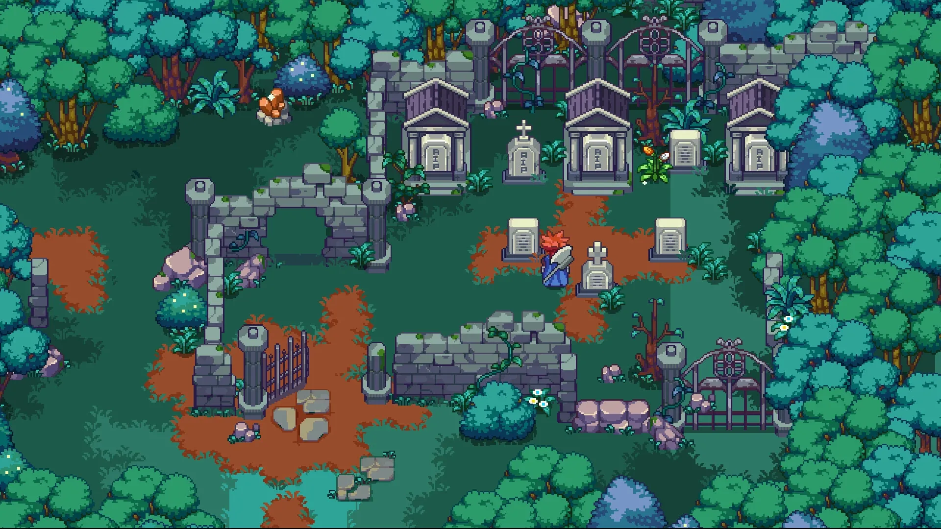 Philna Fantasy: Character explores overgrown cemetery with tombstones and stone ruins amidst dense forest.