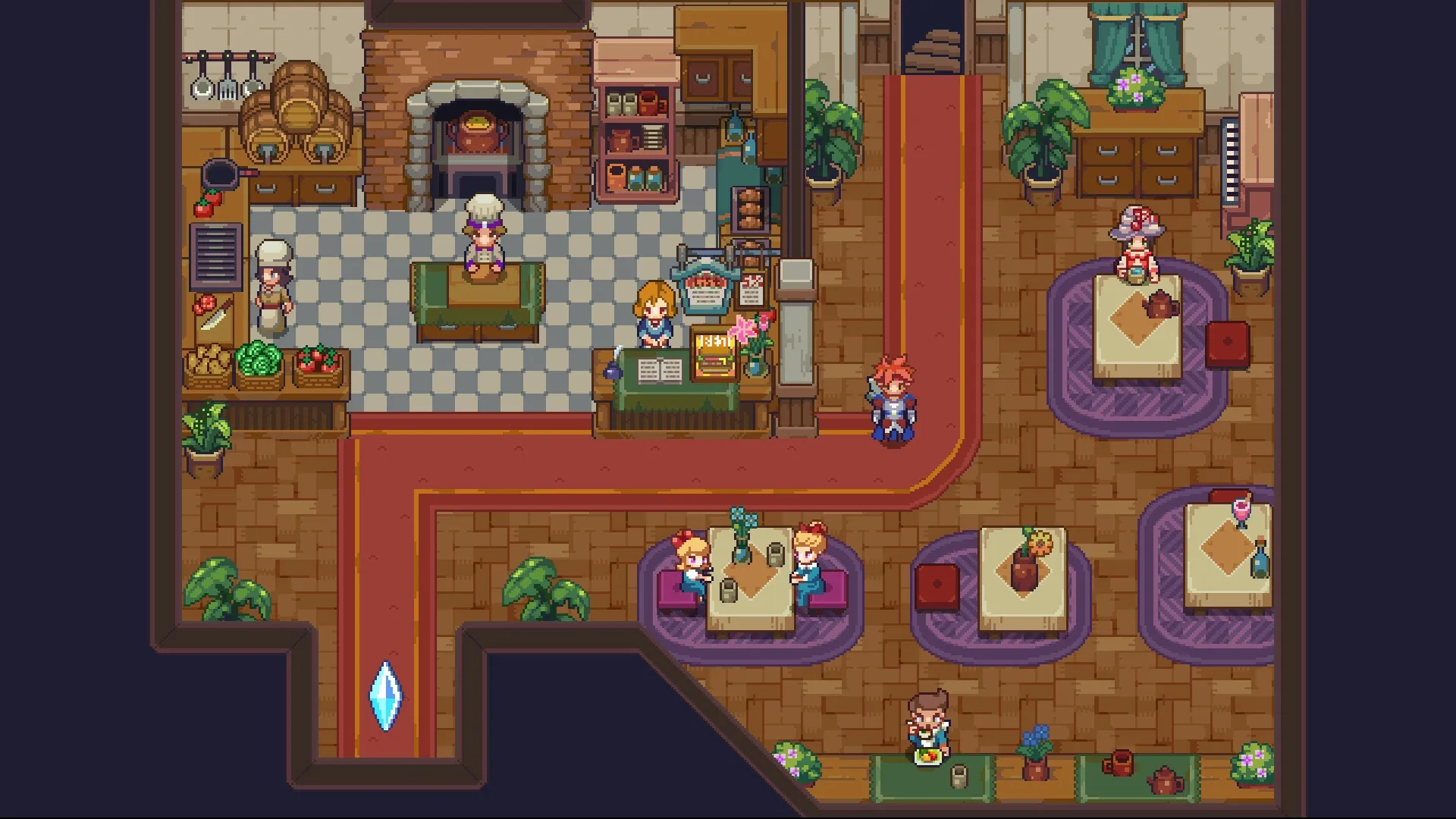 Philna Fantasy: Cozy tavern interior with seated patrons, kitchen area, and character exploring.