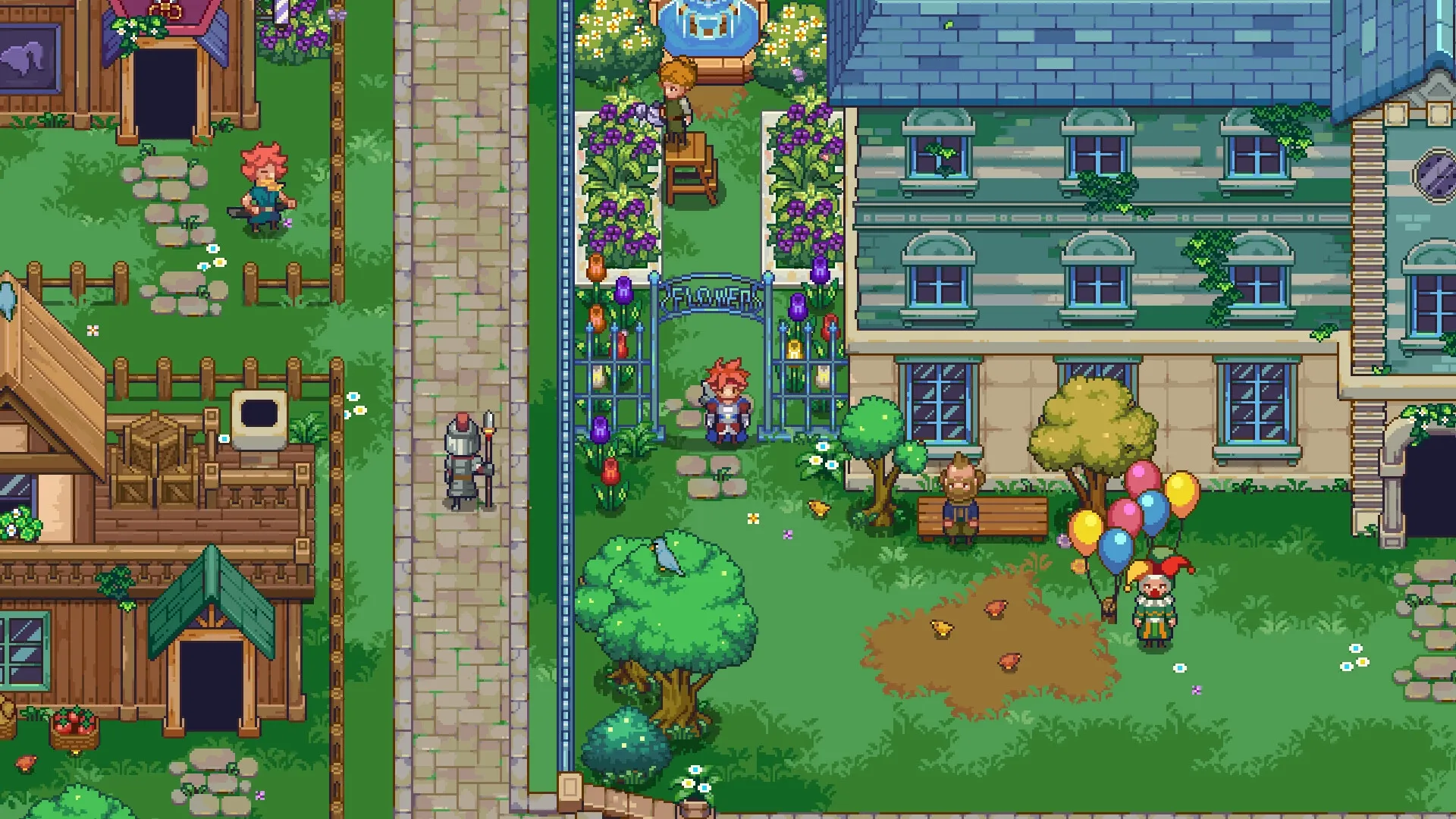 Philna Fantasy: Characters exploring vibrant village garden with colorful balloons and flower shop nearby