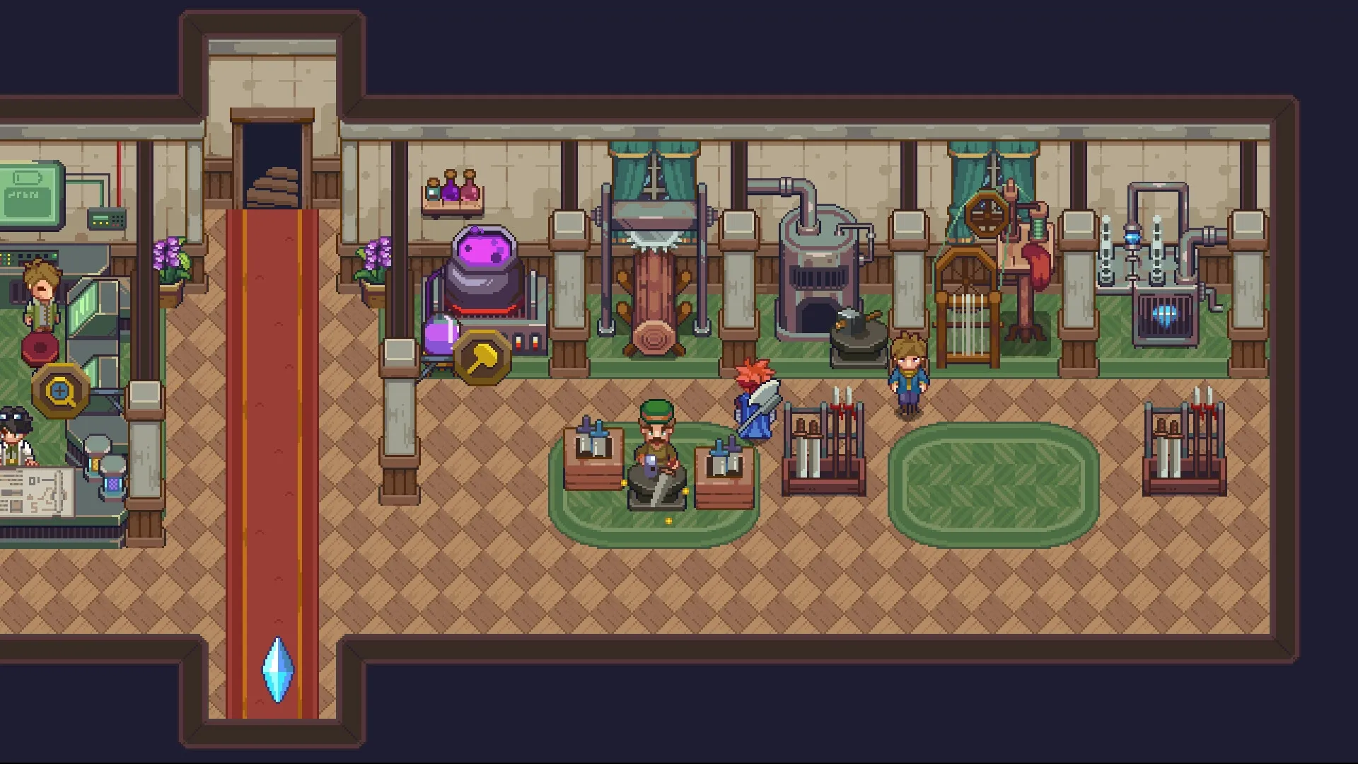 Philna Fantasy: Character crafting weapons in a workshop with various tools and potions displayed