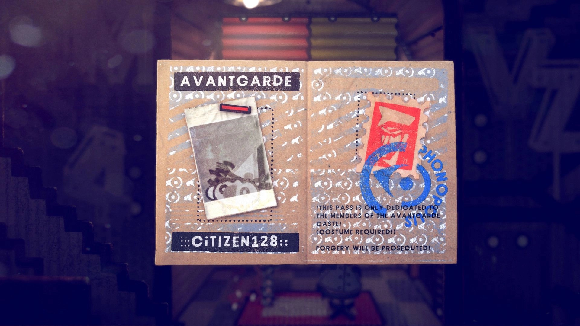 Phonopolis: Avantgarde Citizen128 ID pass with photo and stamp displayed over a dim interior backdrop.