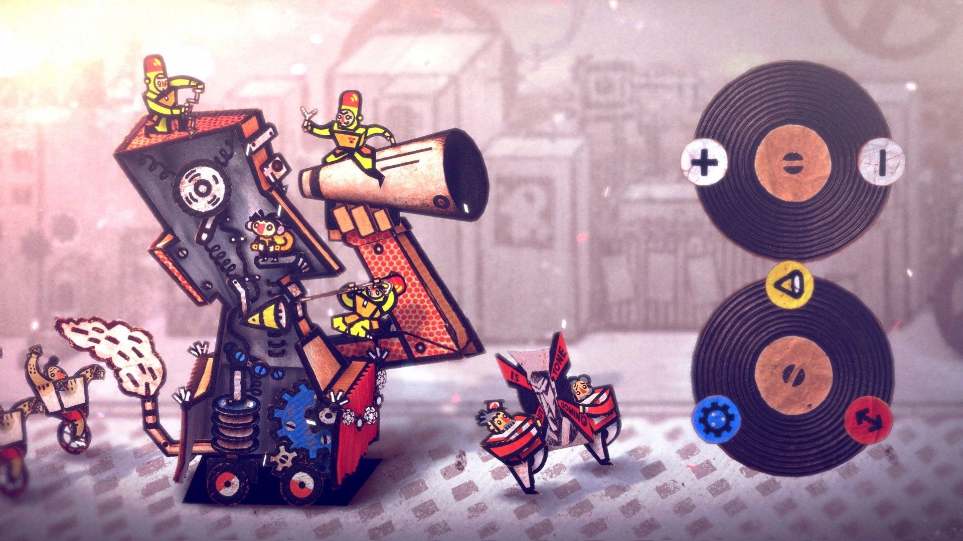 Phonopolis: Cardboard megaphone machine with tiny workers, record-dial UI over snowy street scene.
