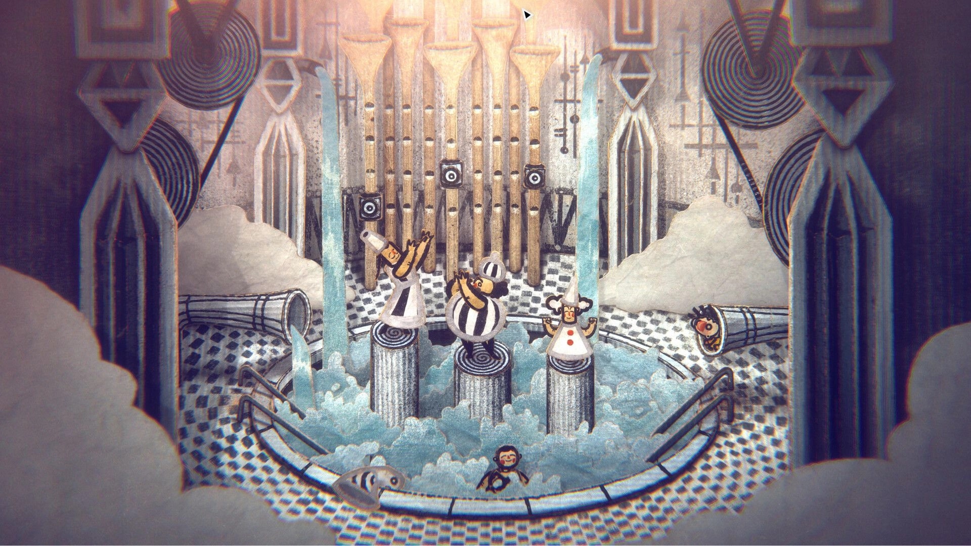 Phonopolis: Three striped figures on pillars above foamy pool in a tiled bathhouse chamber.
