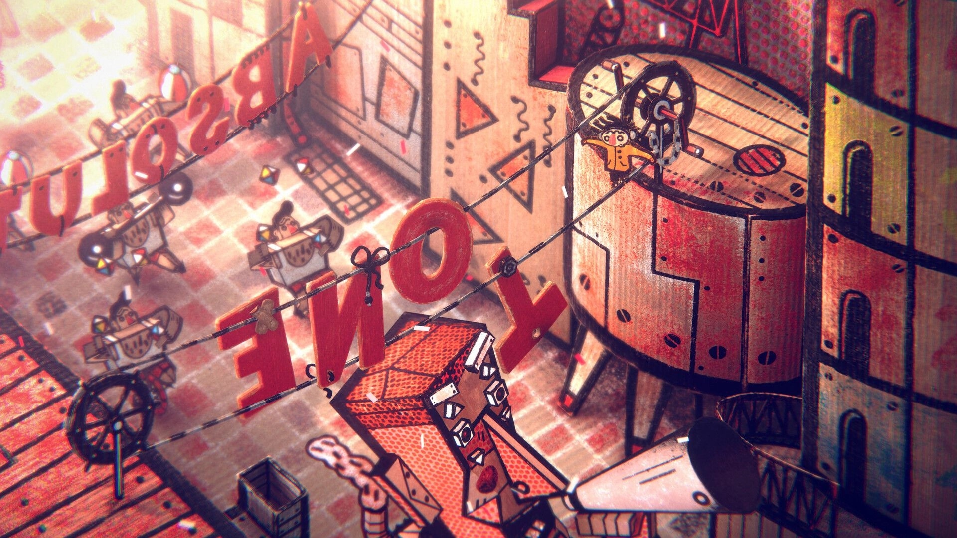 Phonopolis: Felix on a cable near a wheel above large HOME letters in a cardboard city alley.