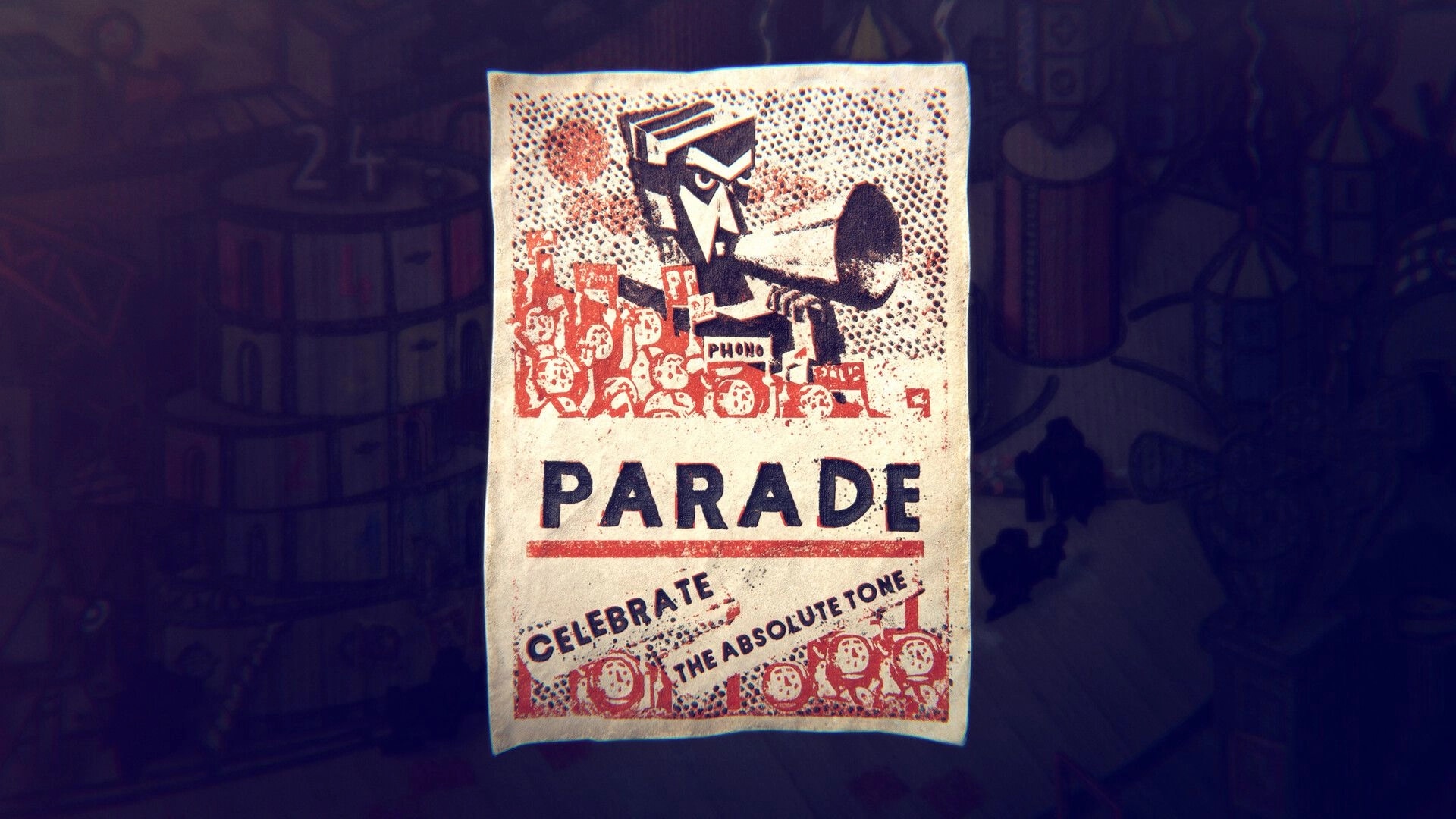 Phonopolis: Close-up of PARADE propaganda poster with leader using megaphone in dim street scene.