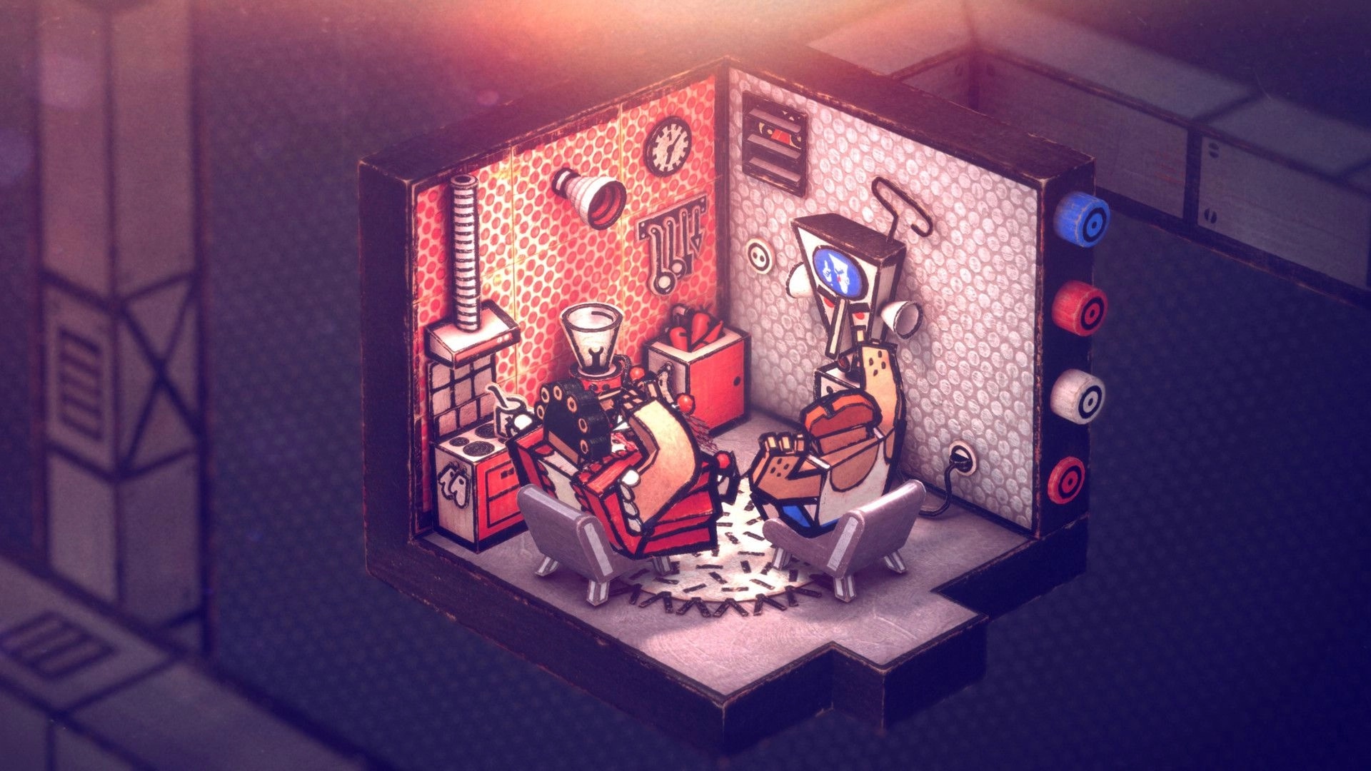 Phonopolis: Two robot-like figures sit facing each other in a tiny cardboard room with speakers.