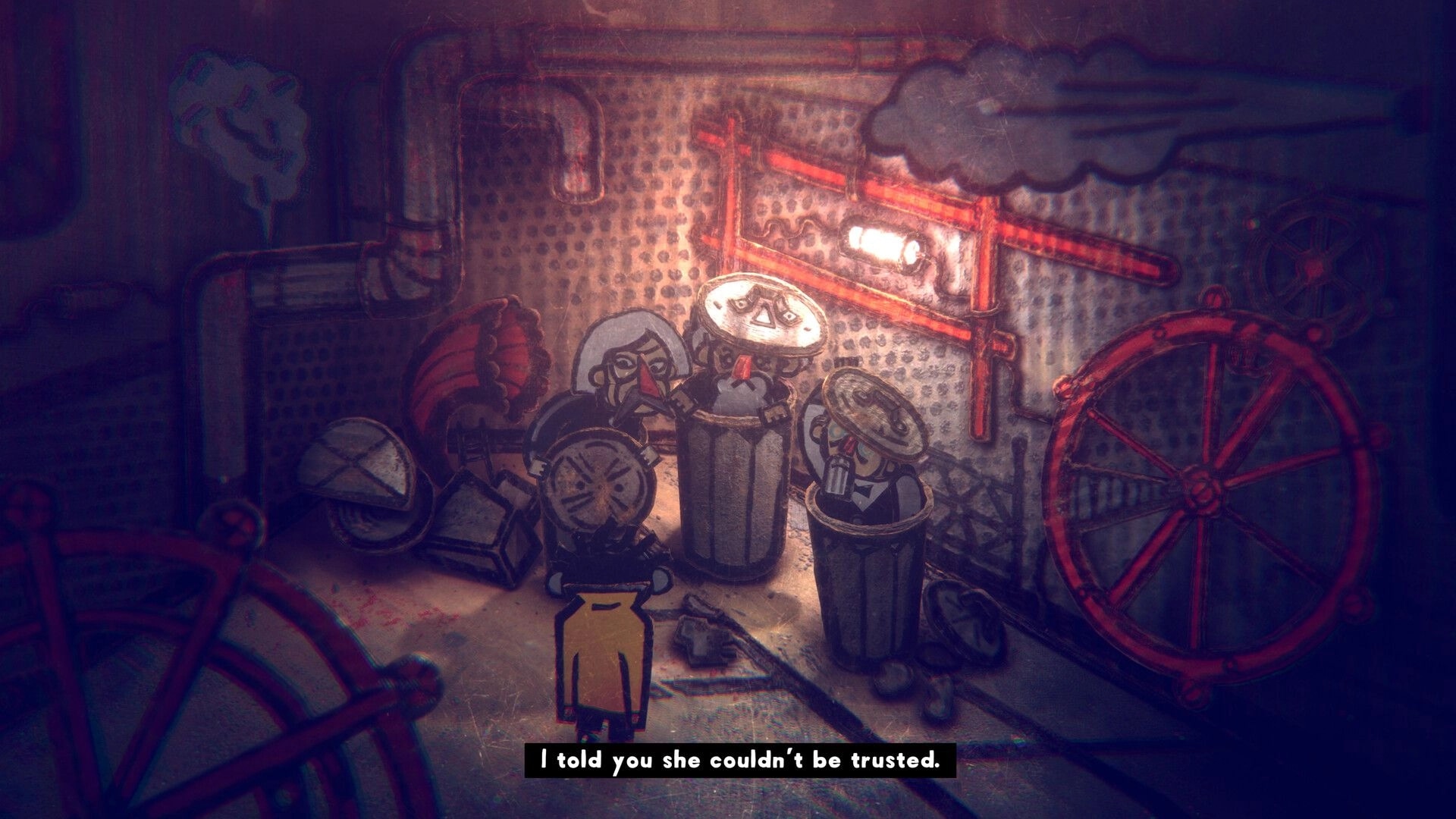 Phonopolis: Felix faces three masked men by trash cans in a dim pipe-filled room with subtitle text.