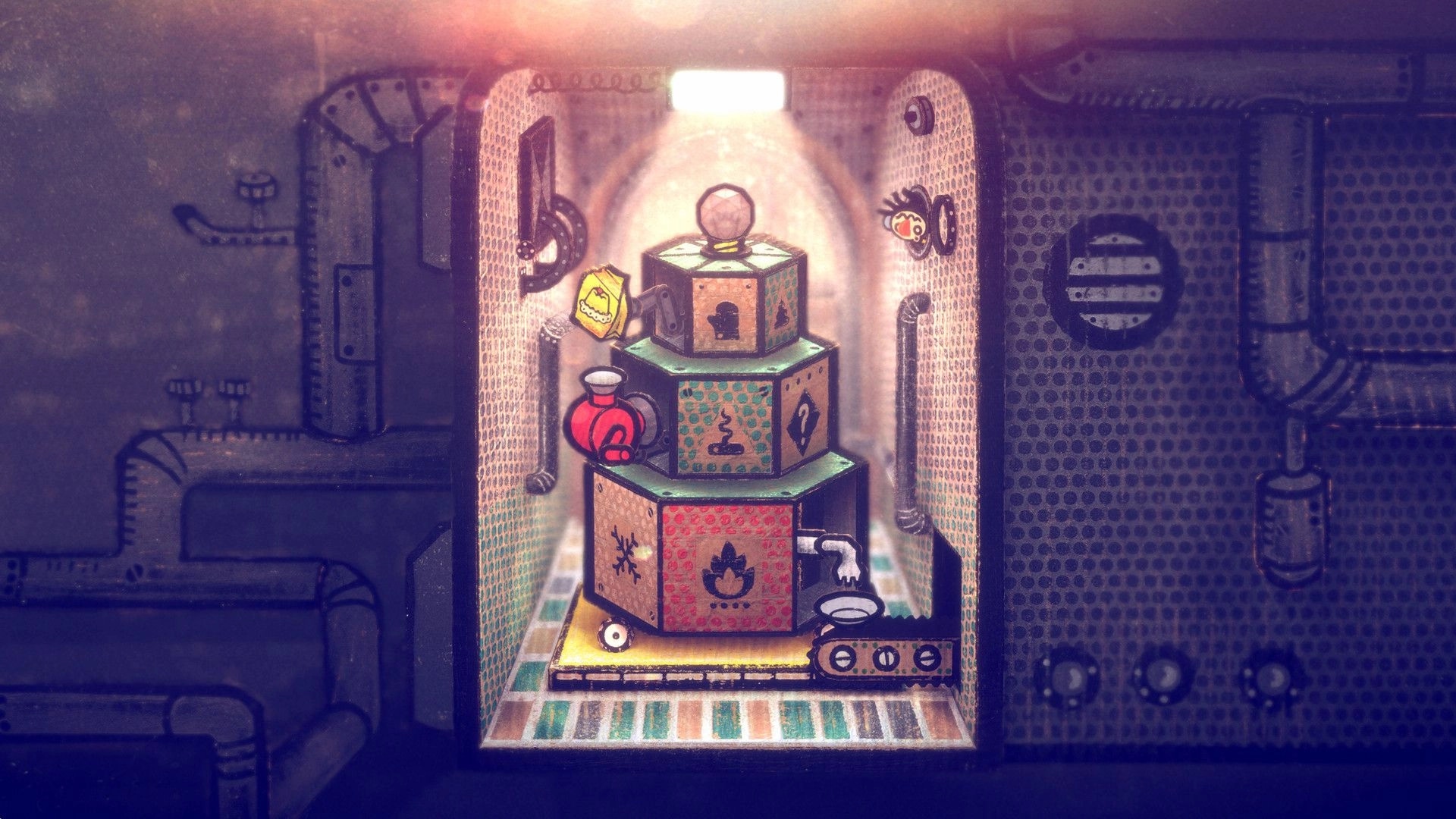 Phonopolis: Stacked rotating puzzle cubes with icon panels in a dim cardboard machinery room.