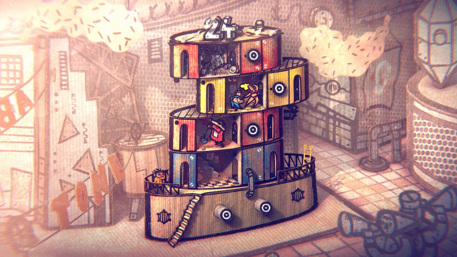 Phonopolis: Cutaway tower puzzle with characters on stacked rooms in a hand-painted cardboard city street.