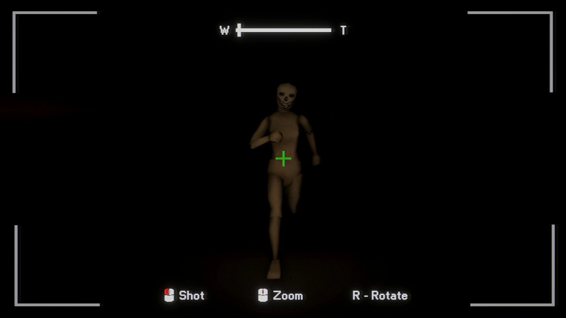 Photomaly: Camera view aiming at a running wooden mannequin in darkness with shot and zoom UI prompts.