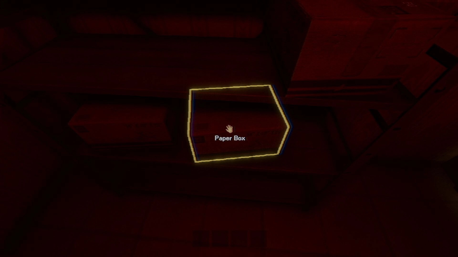 Photomaly: Cursor highlights a Paper Box pickup on stacked crates in a dim red storage room.