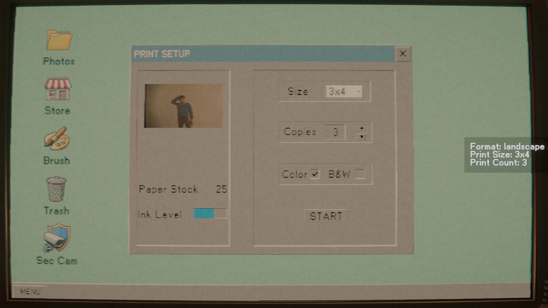 Photomaly: Print setup menu for a customer photo with size 3x4, copies 3, color toggle in UI.