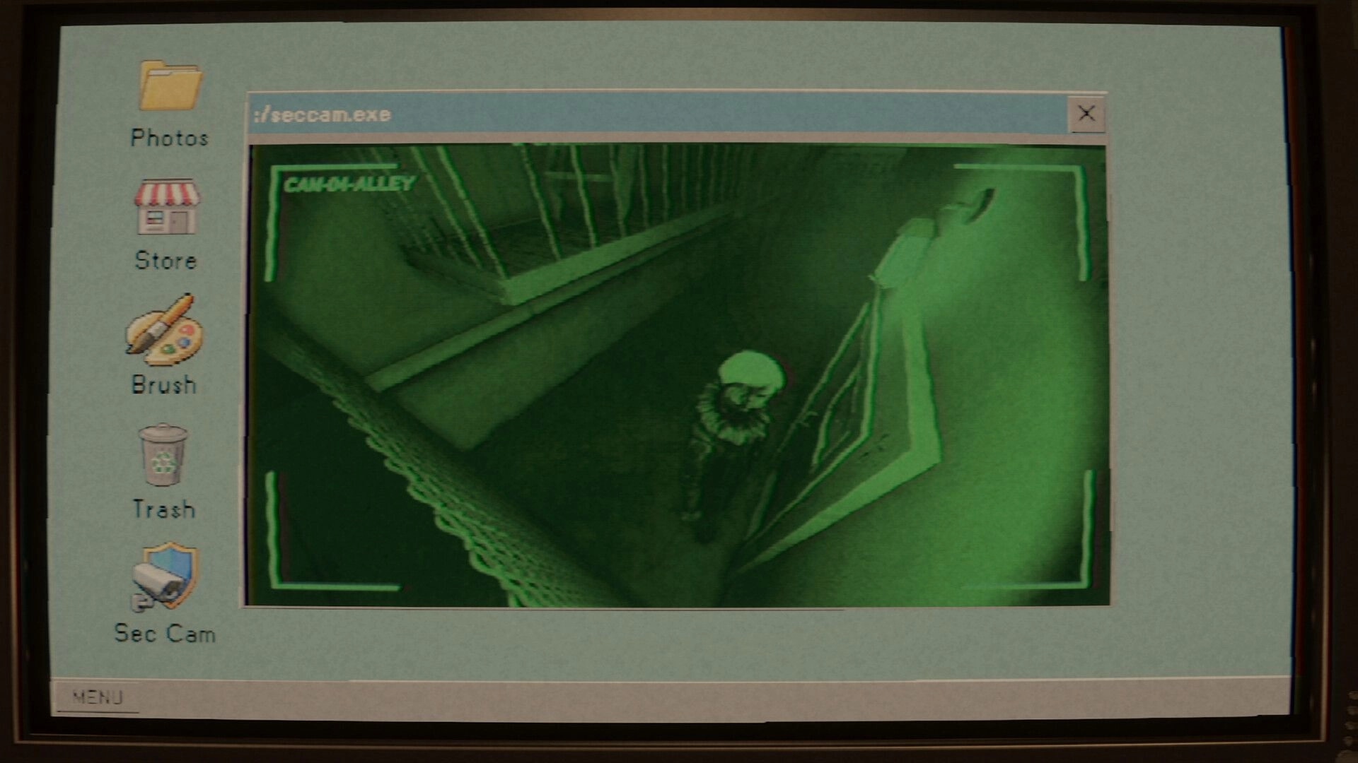 Photomaly: Security camera window with green night vision view of an alley and figure, desktop UI.