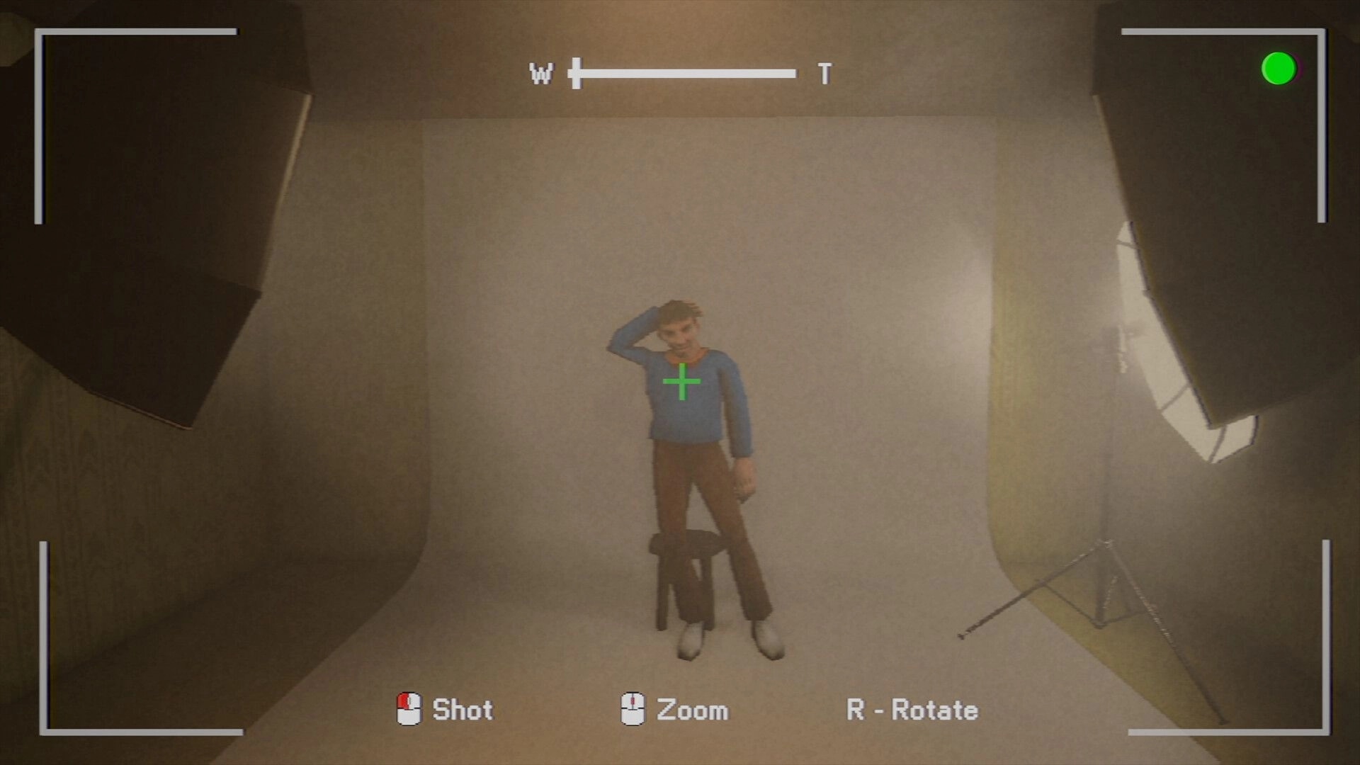 Photomaly: Camera view aiming at a posing customer in studio backdrop, with shot/zoom/rotate UI.