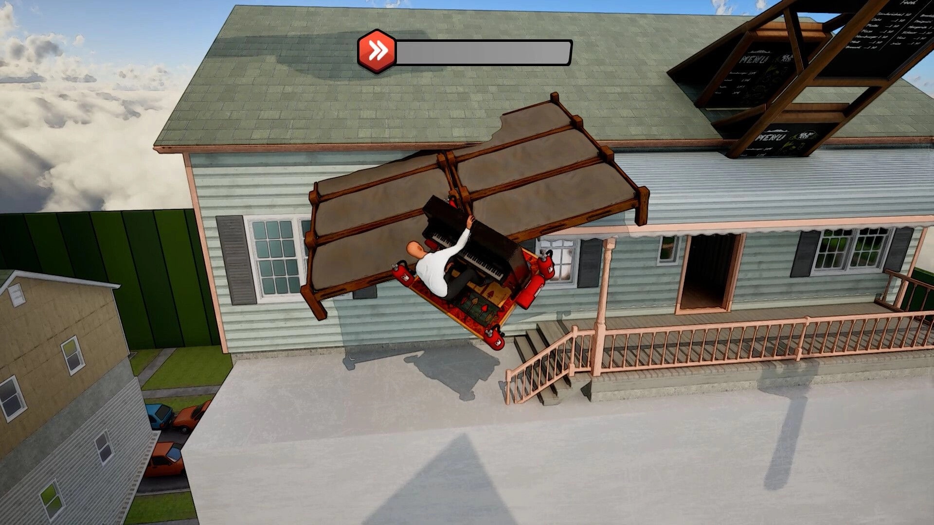 Piano Trauma: Player clings to a piano cart midair by a house porch, boost bar UI at top.
