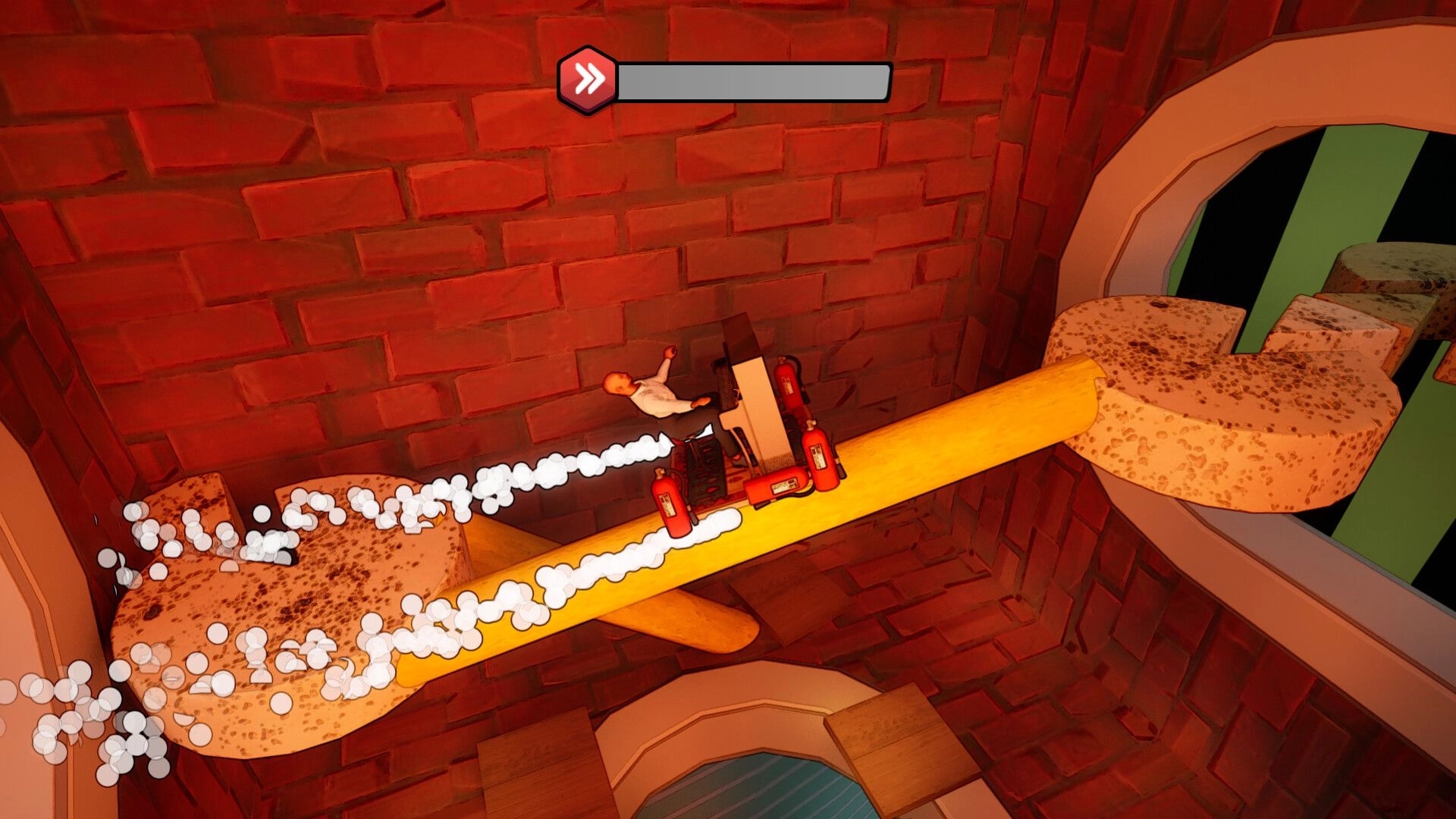 Piano Trauma: Piano cart with fire extinguishers rides a yellow plank in a brick tower level.