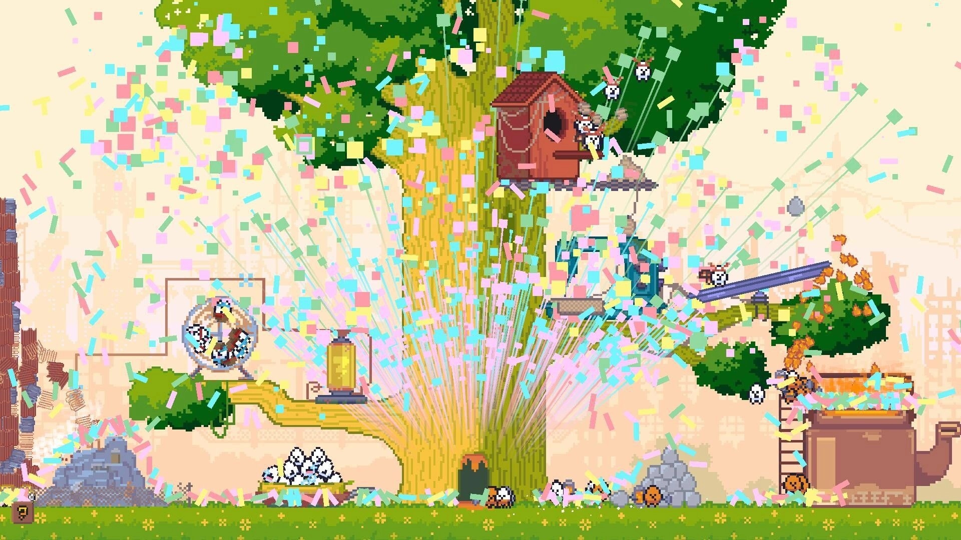 Pibcremental: Confetti bursts over a giant tree village with tiny Pibbles and treehouse platforms.