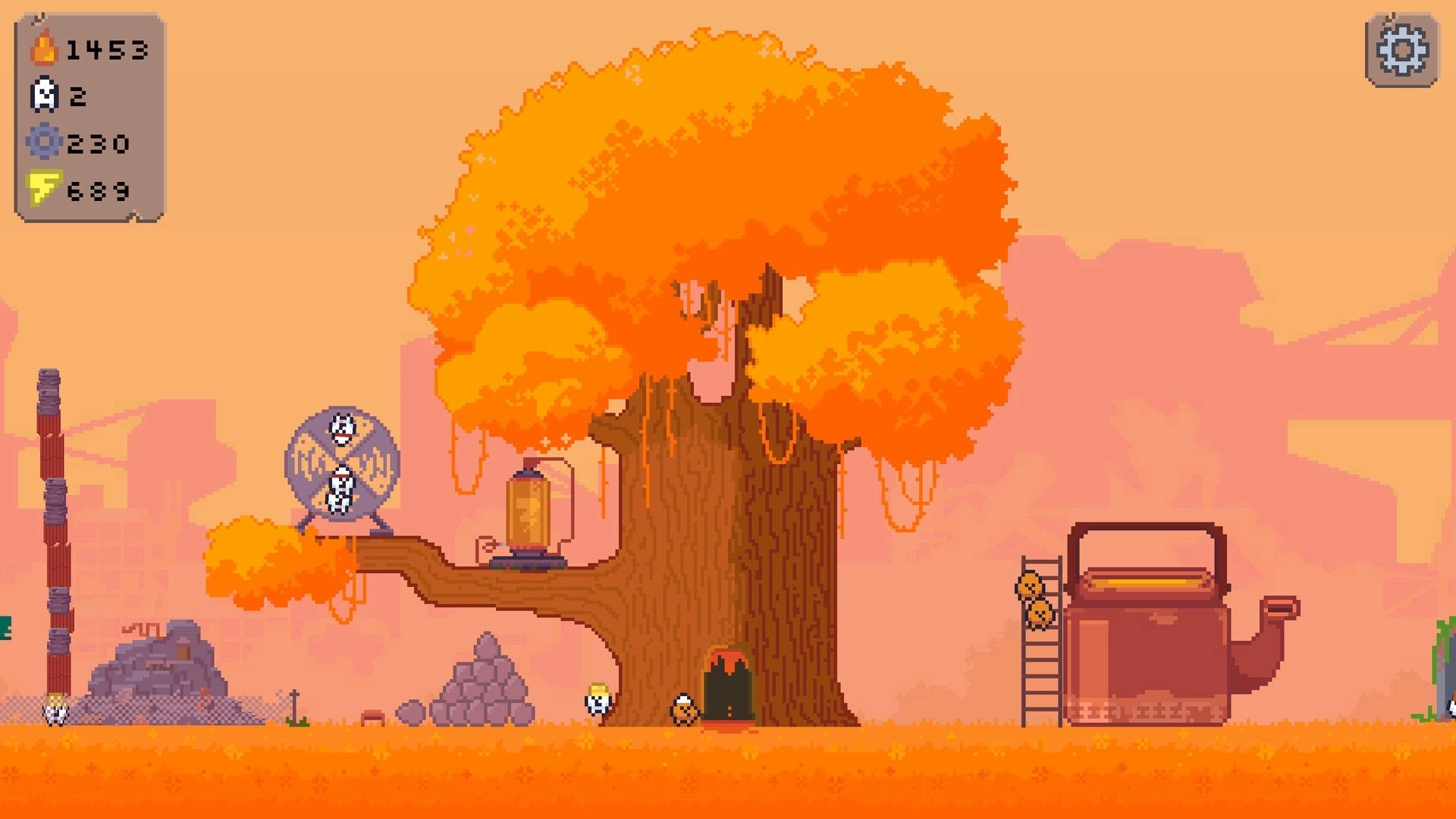 Pibcremental: Tiny Pibbles roam a giant tree base with resource counters and gear icon in sunset grove.