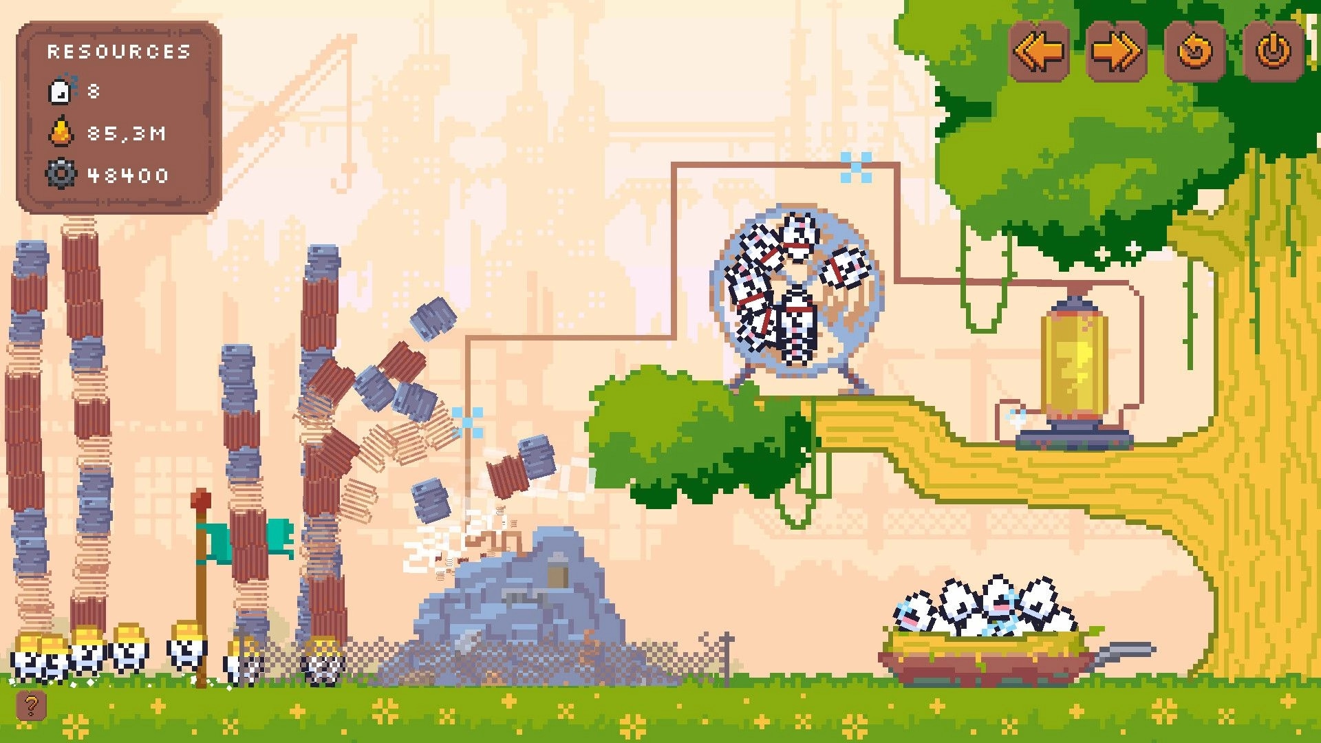 Pibcremental: Resource panel and stacked poles with pibbles by a giant tree workshop area.