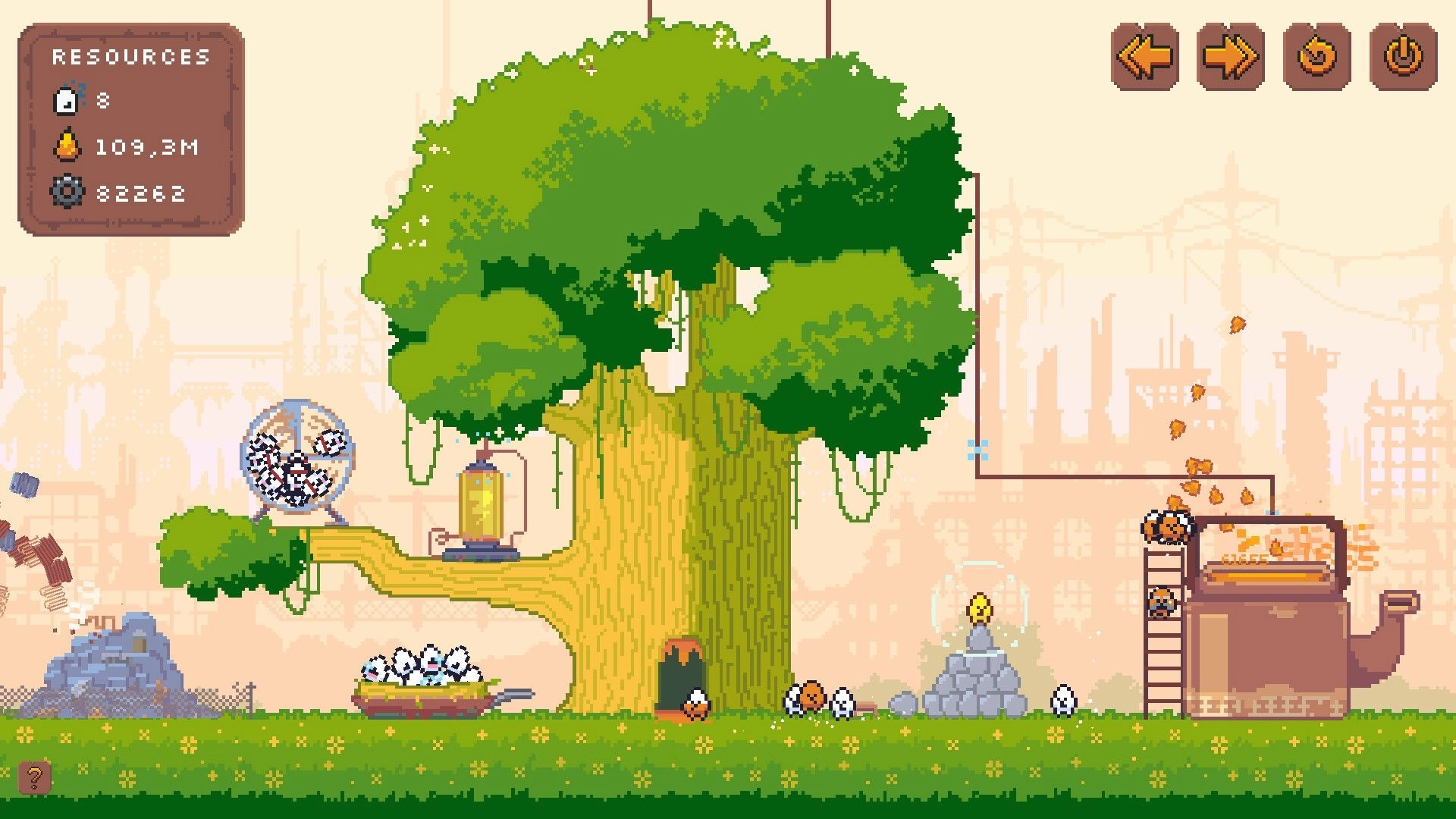 Pibcremental: Pibble village at giant tree with resource panel, ladder furnace, and idle workers outside.
