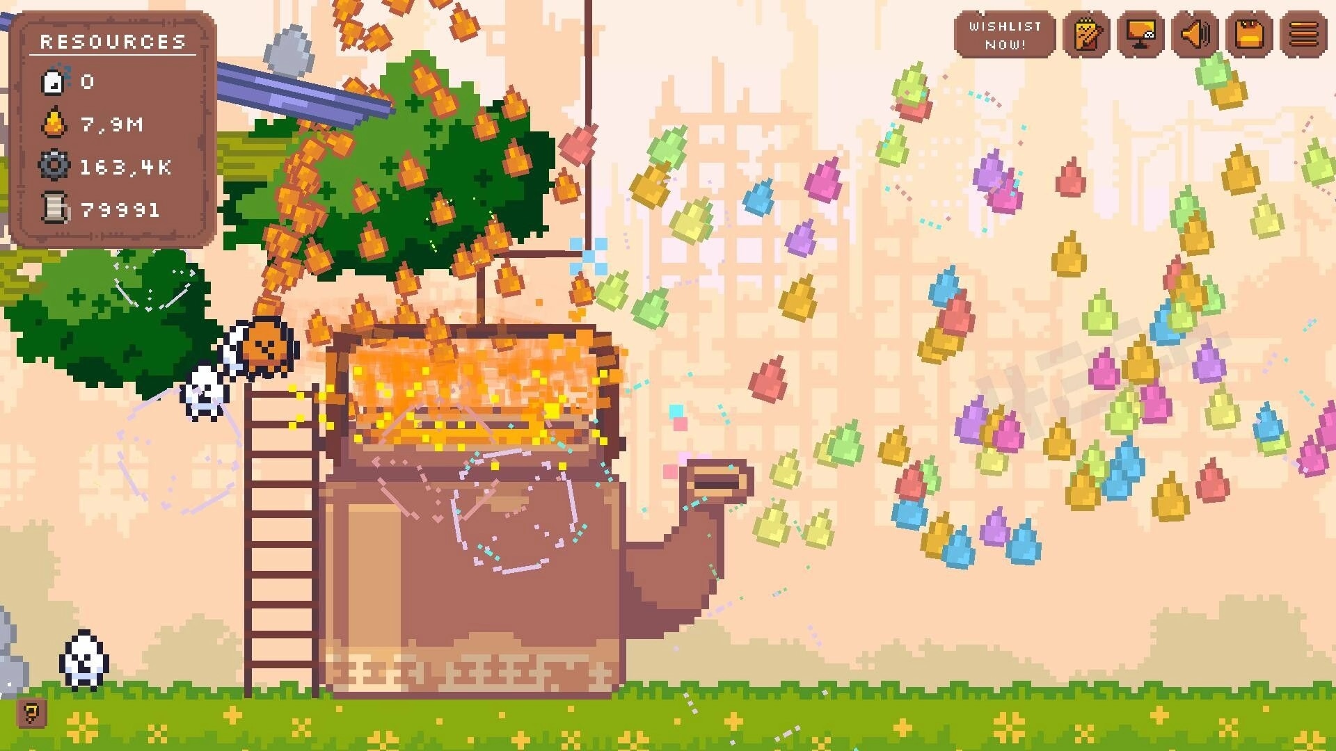 Pibcremental: Resource panel and tiny colorful Pibbles swarm around a glowing treehouse workshop scene.