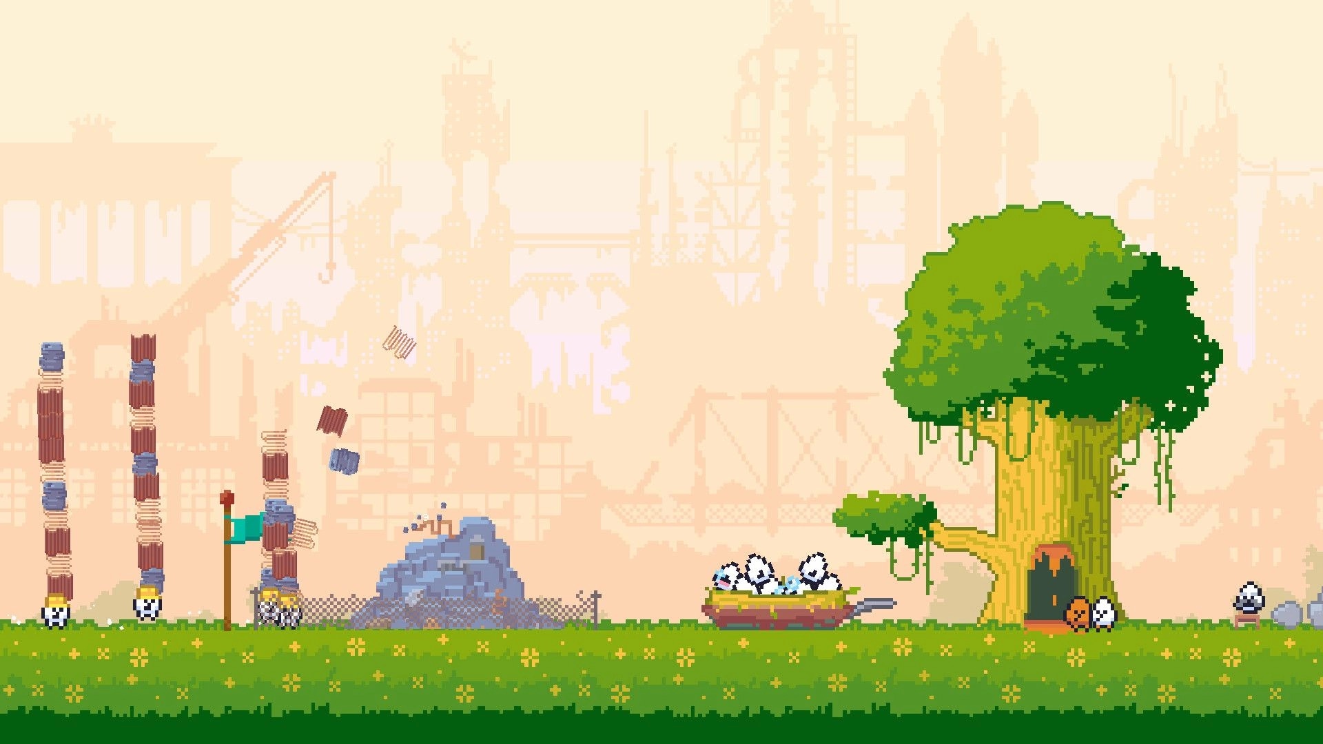 Pibcremental: Pibbles stack blocks by flags and a cart beside a giant tree home in grassy ruins.