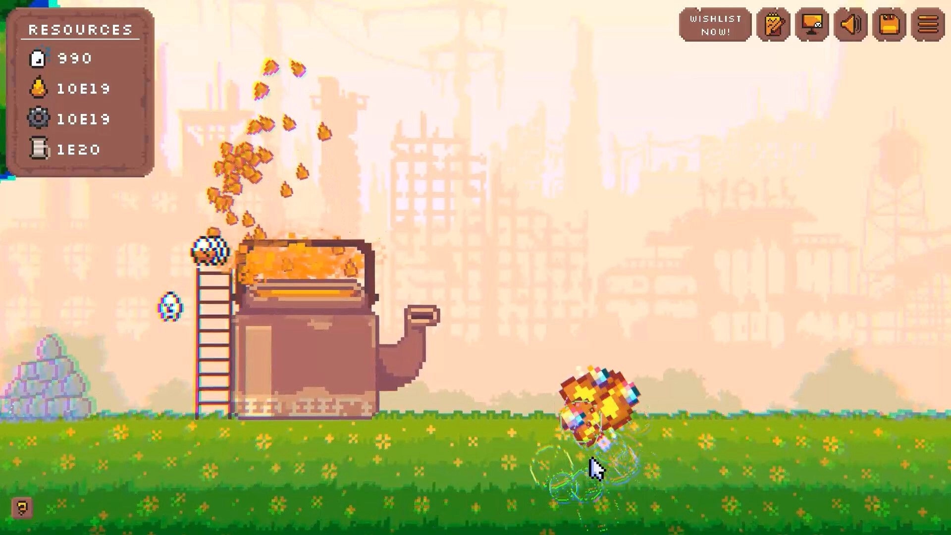 Pibcremental: Resources panel and coin machine spewing loot in grassy field with ruined city backdrop.