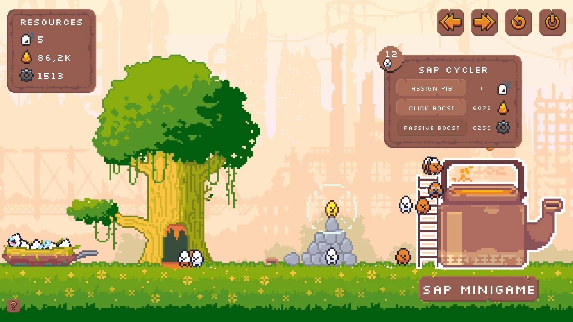 Pibcremental: Sap minigame UI with sap cycler upgrades beside a giant tree and tiny Pibbles.