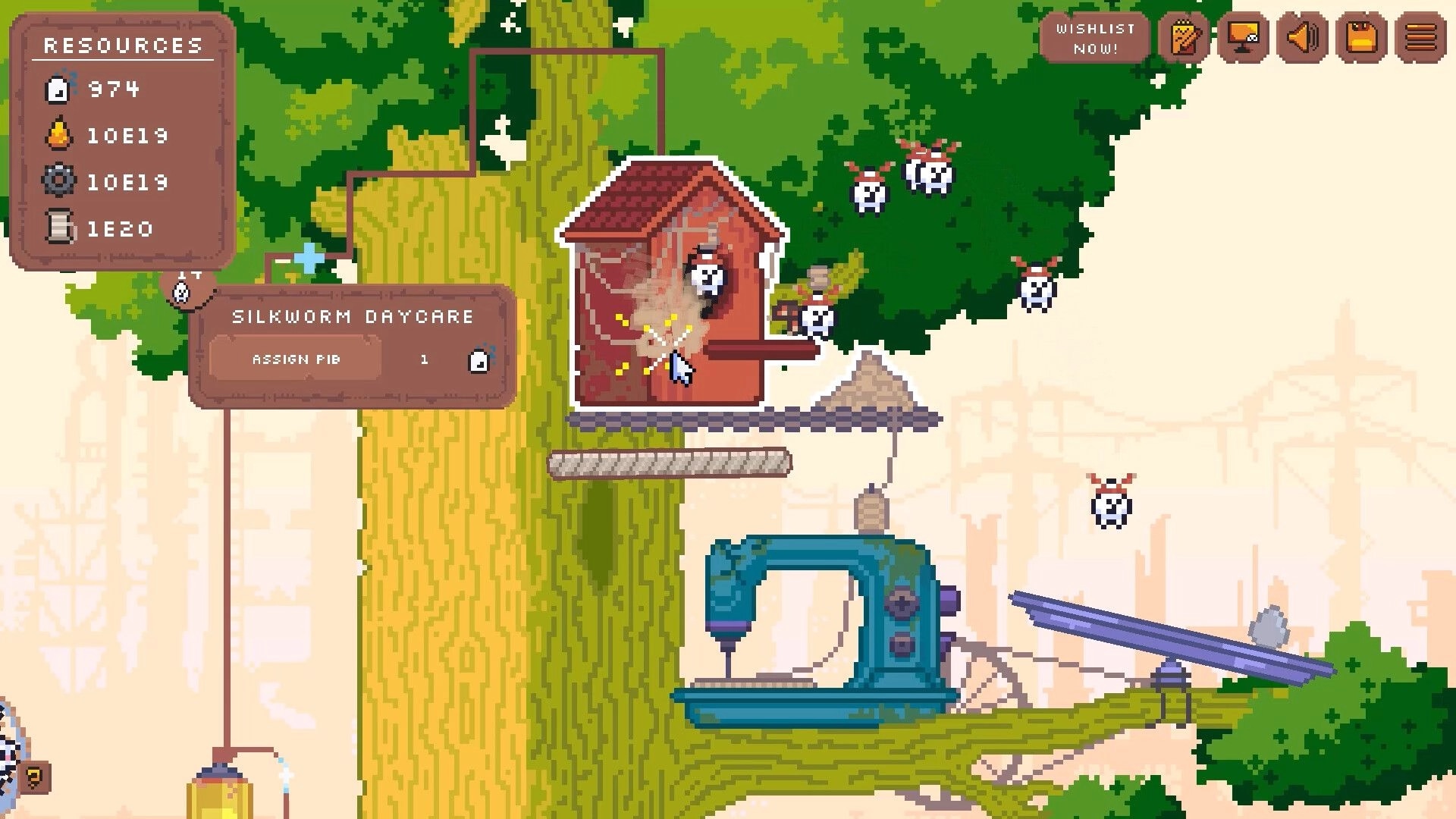 Pibcremental: Clicking Silkworm Daycare building with Assign Pib UI on a giant tree branch.