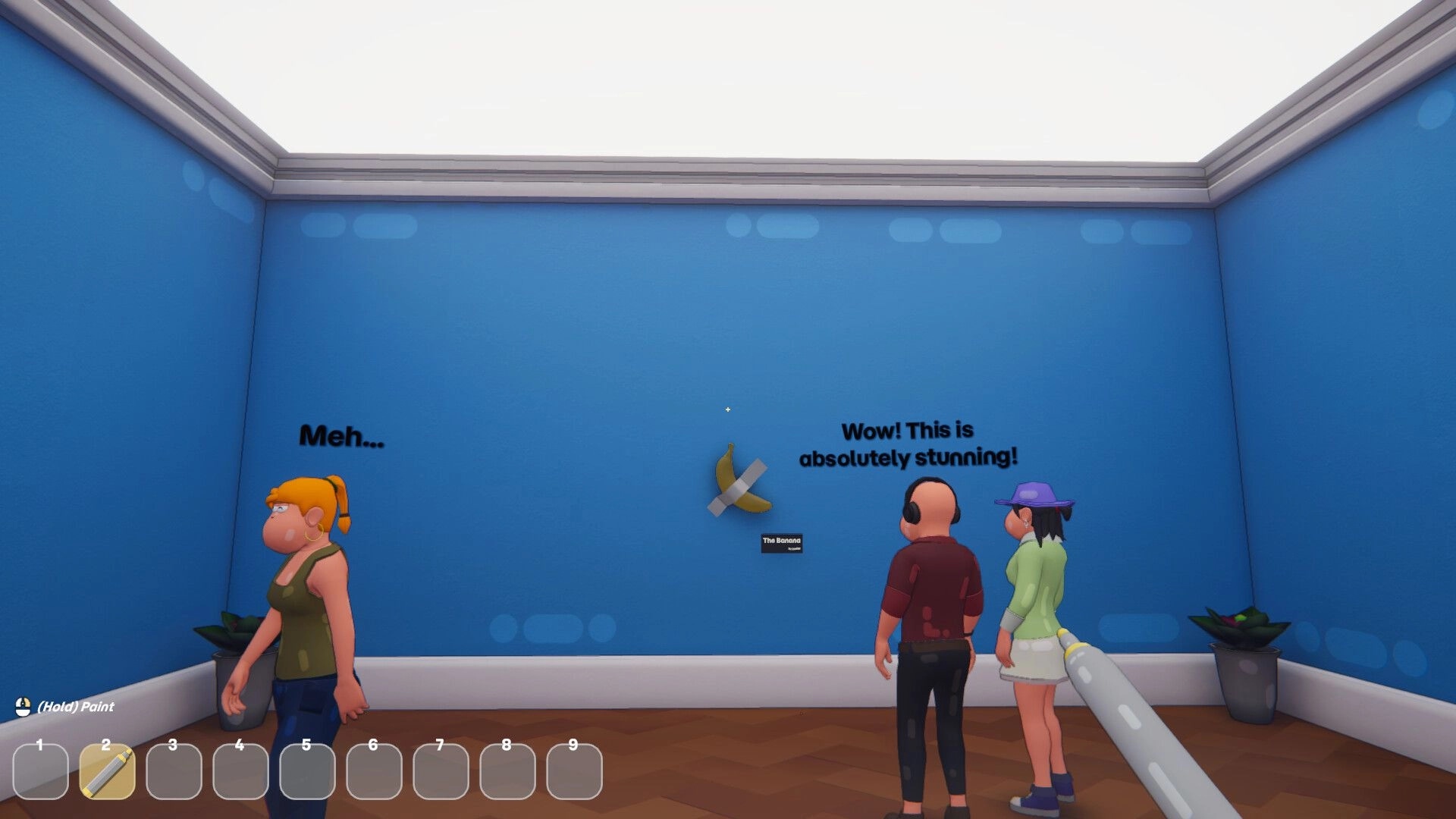 Picasho: Visitors judge a banana artwork on a blue gallery wall, paintbrush UI in corner.