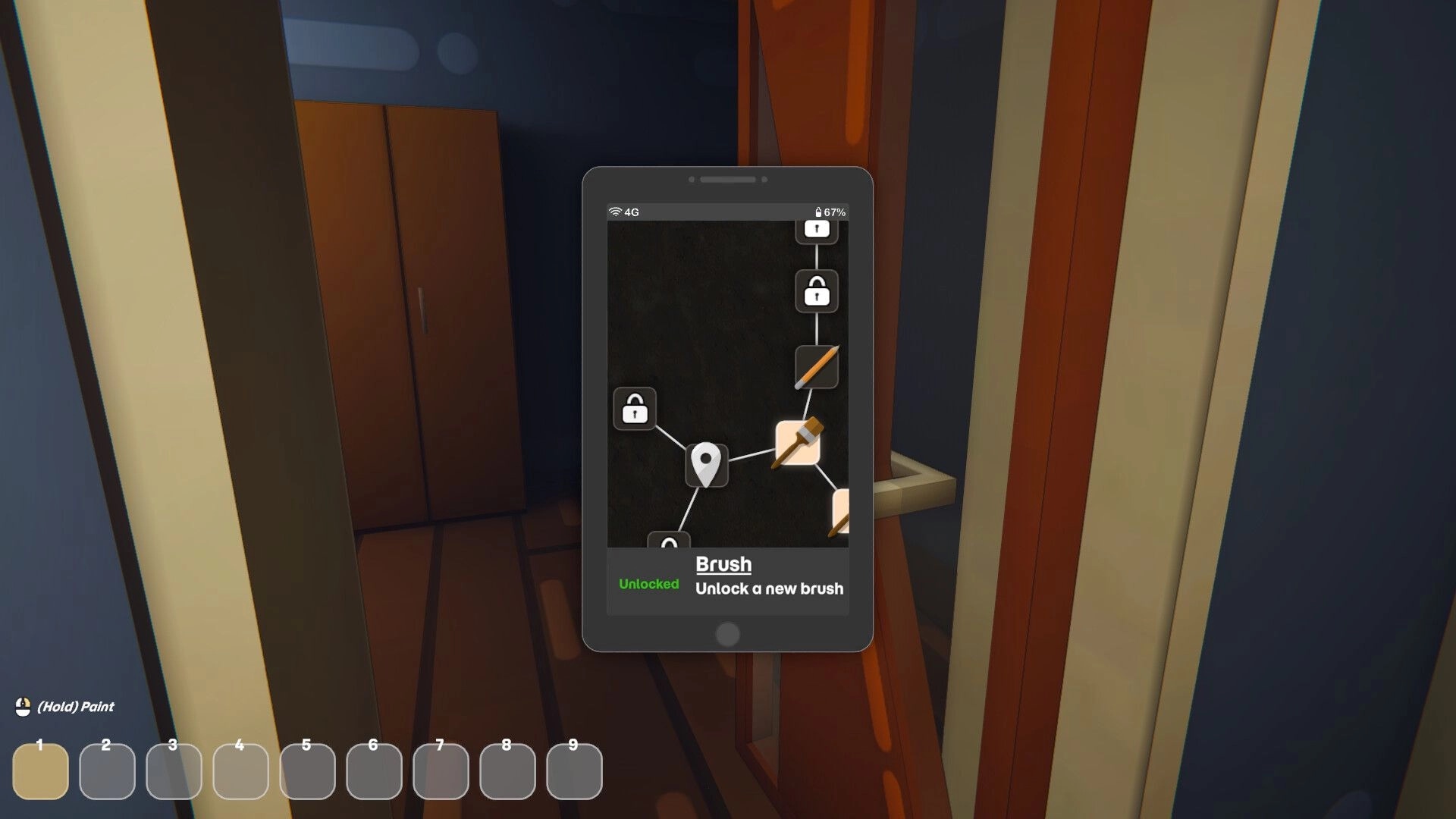 Picasho: Phone upgrade tree UI highlighting Brush unlock inside a narrow room with doors and closet.