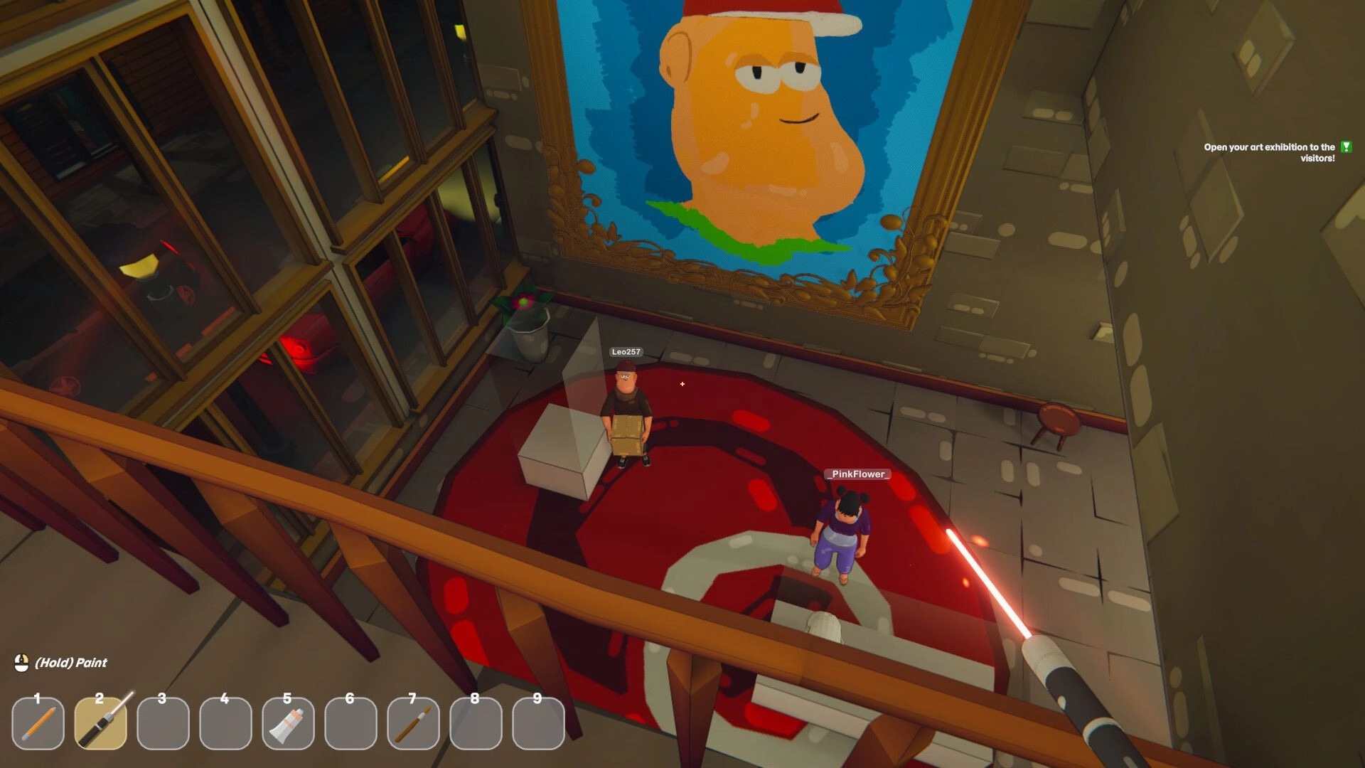 Picasho: Two players stand in an art gallery under a huge portrait, paint tool hotbar visible.