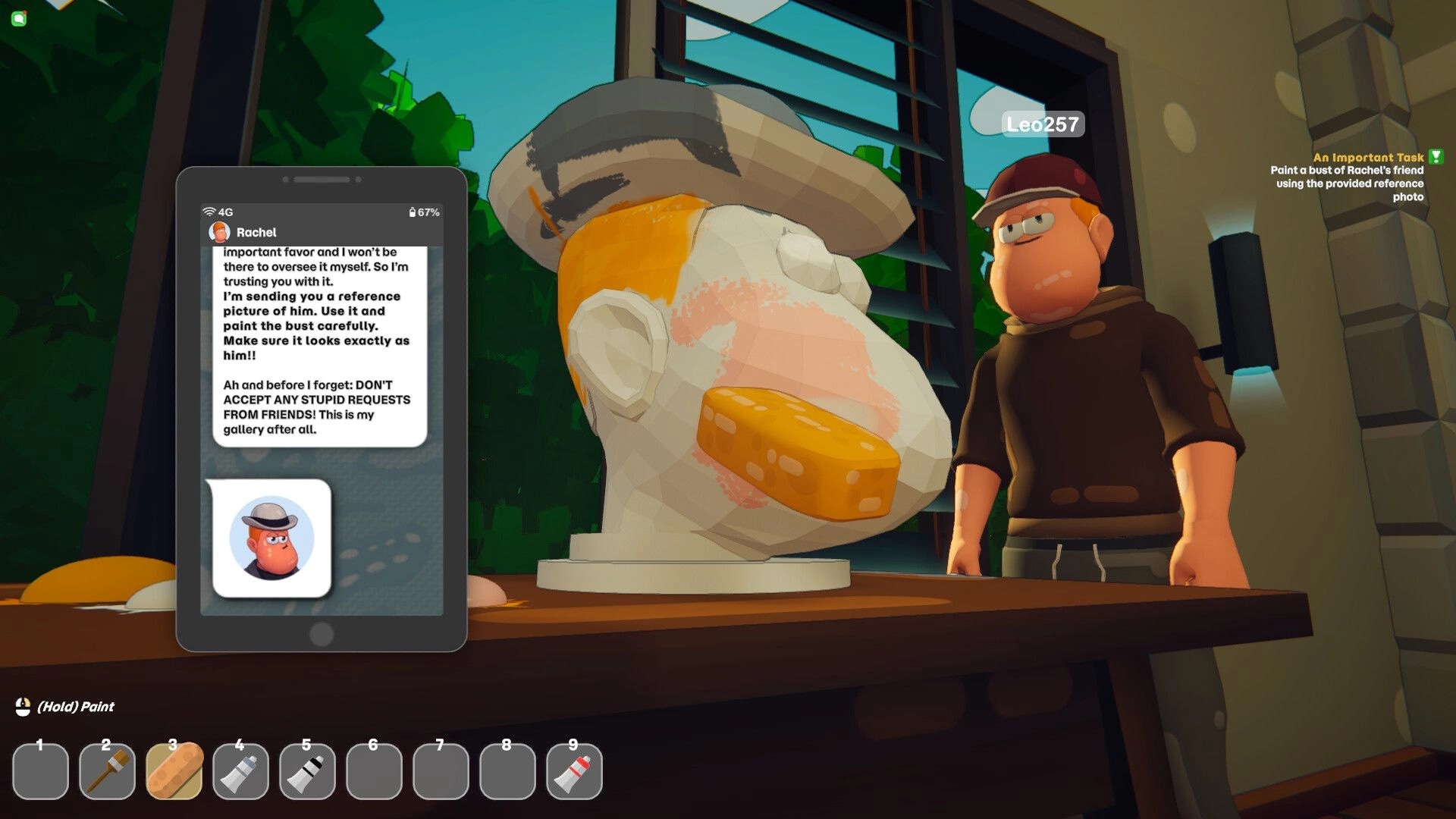 Picasho: Painting a large bust on a workbench beside player Leo257, with phone request UI open.
