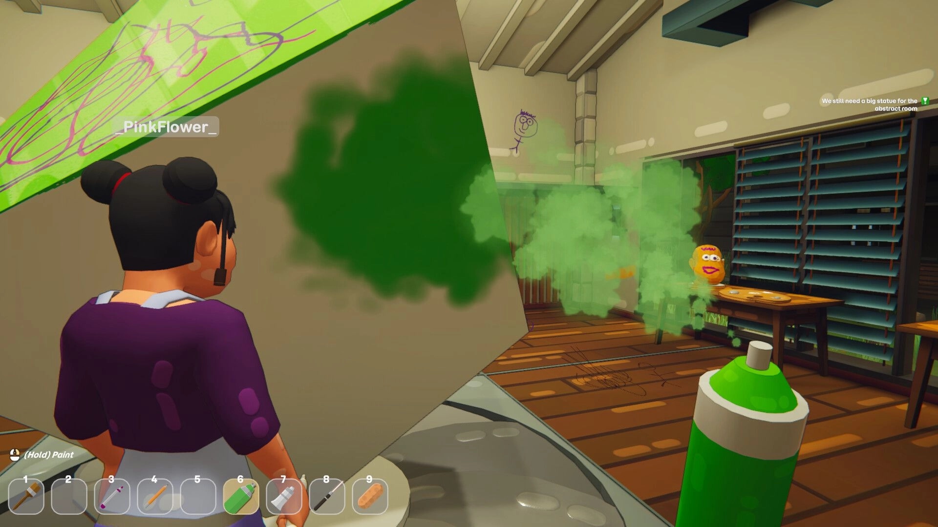 Picasho: Player paints green spray on a canvas in art studio, tool hotbar and co-op name visible.